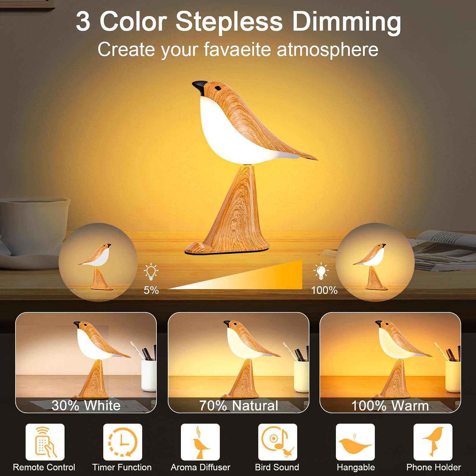 Godenba Small Desk Lamp, Small Bird Table Lamps,2600Mah Rechargeable Cordless Lamp, 3 Color Temperatures, Remote & Touch Sensor, Timer & Bird Sound, Portable Desk & Nightstand Lamp For Bedroom, Kids (Maple)