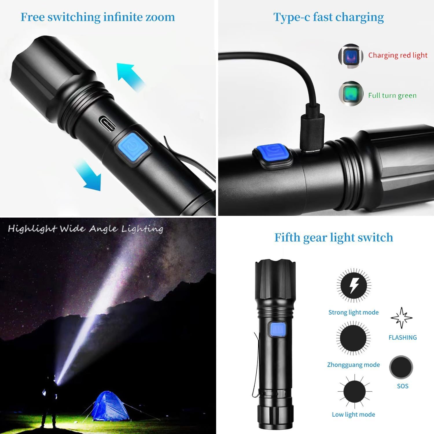 Yzyoe Mini High Lumens Rechargeable Tactical Flashlights,Super Bright 1000 Lumen Flashlight, 5 Modes Zoomable Emergency Camping Led Flashlights.