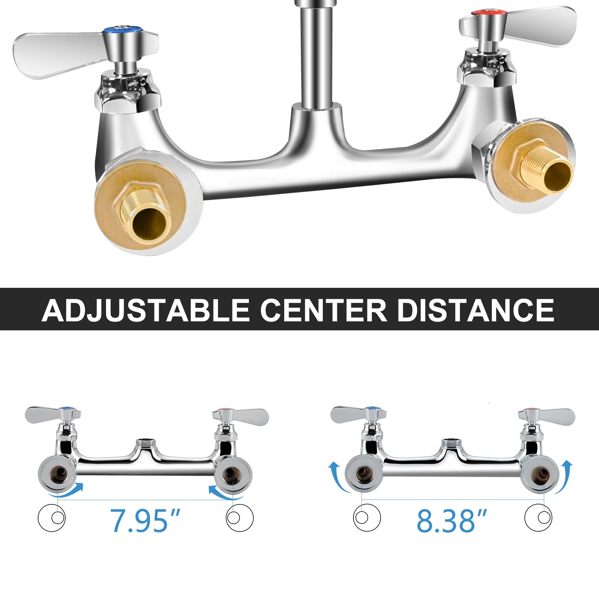 Hardura Restaurant Equipment Hardura Commercial Sink Faucet With Sprayer Wall Mount For Utility Sink, Kitchen Faucet Lead- Brass With 8" Center And 12" Swing Spout, 36" Adjustable Sprayer With 1.42 Gpm Flow Rate