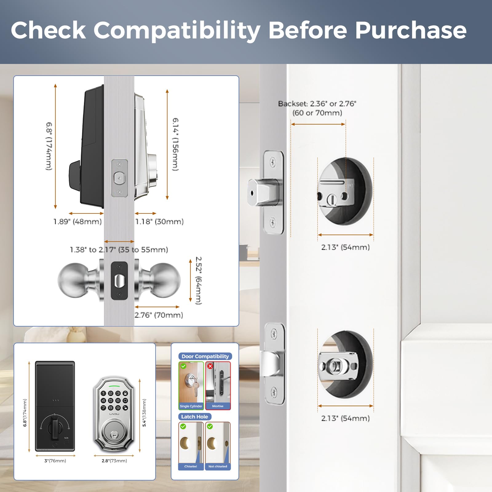 Lndu Keyless Entry Door Lock Deadbolt With Handle Set: 100 Code Front Door Lock Set, Keypad Door Lock With Handle, Electronic Keypad Deadbolt With 2 Knob, One Touch Lock, Auto Lock Easy To Install