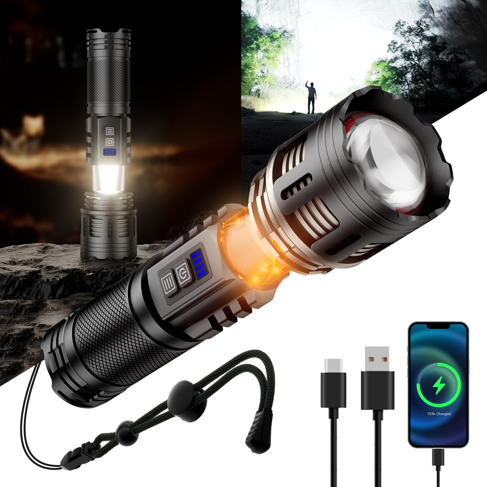 Skyfire Led Rechargeable Flashlight 2000000Lm High Lumens With Ambient Lamp,Super Bright Utility Flashlights With 2 Colors,Focusable,Waterproof Flash Light For Camping Essentials,Outdoor&Home-Black