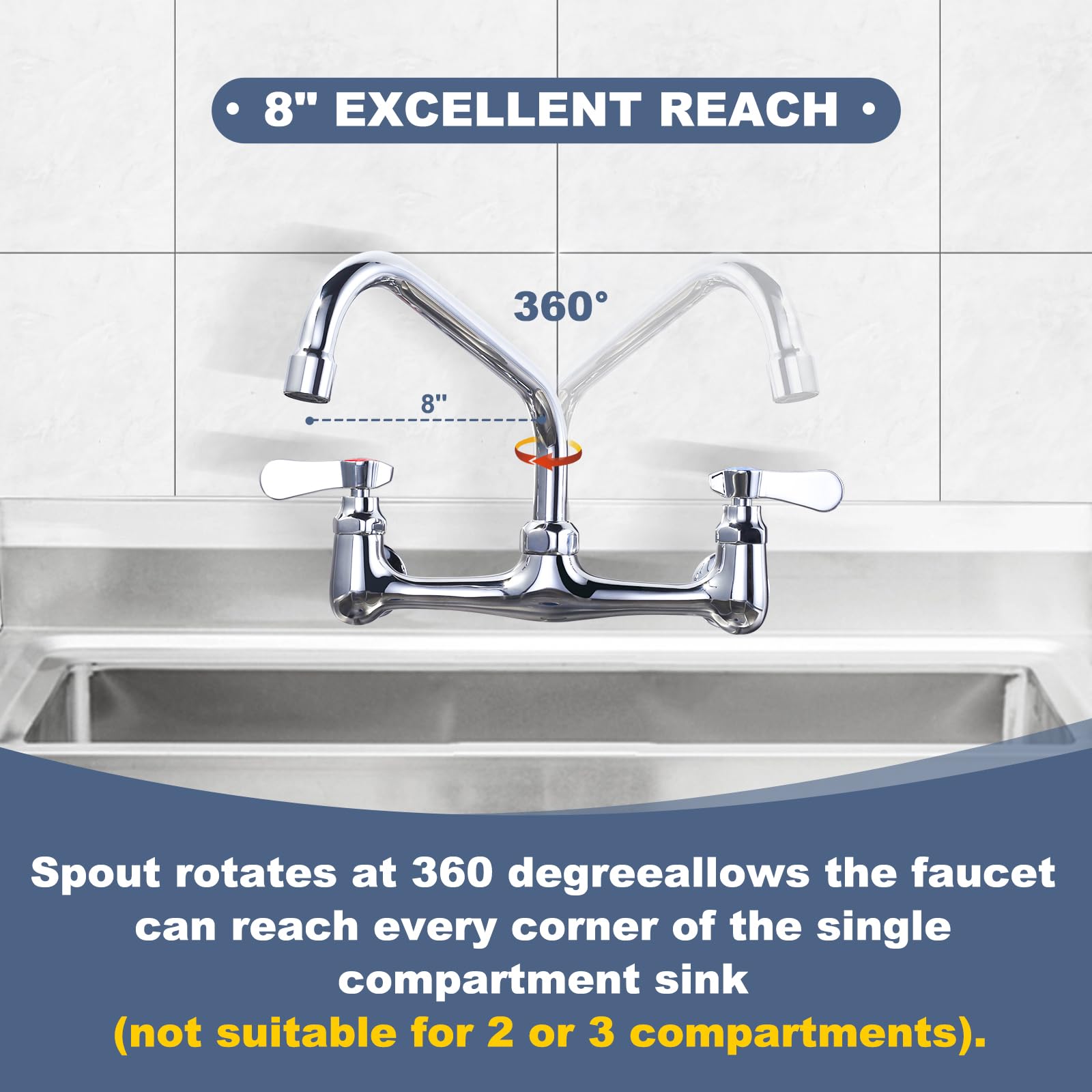 Iviga Commercial Sink Faucet With 8” Swivel Spout, 8" Center Wall Mount Kitchen Faucet, Dual Handles Brass Utility Sink Faucet For Laundry Room Restaurant Compartment Sink, Polish Chrome