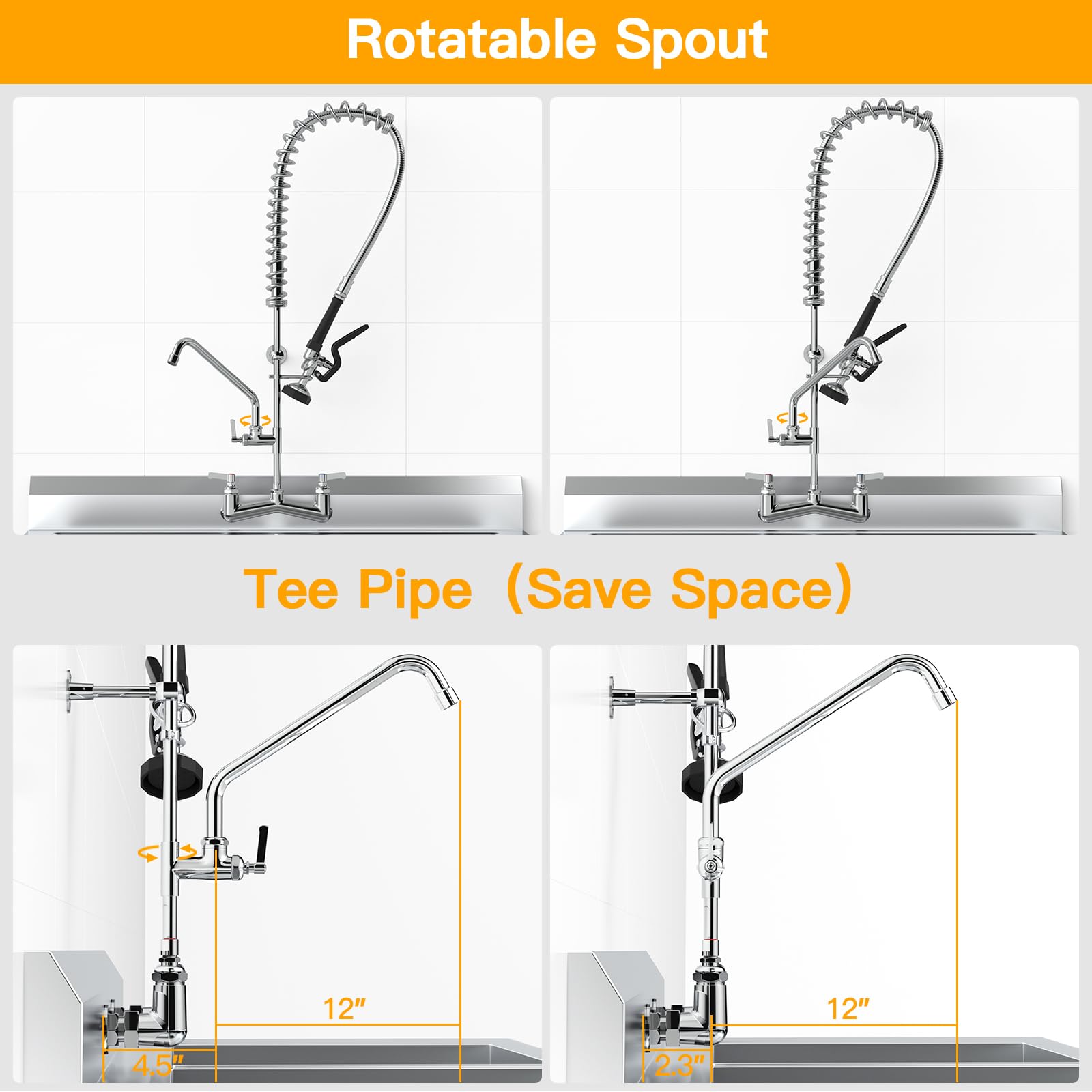 Fauaid Commercial Sink Faucet With Sprayer 36"Height 8"Center Brass Constructed Wall Mount Commercial Kitchen Faucet With Pull Down Pre-Rinse Sprayer And 12" Swing Spout For 2/3 Compartment Sink(36")