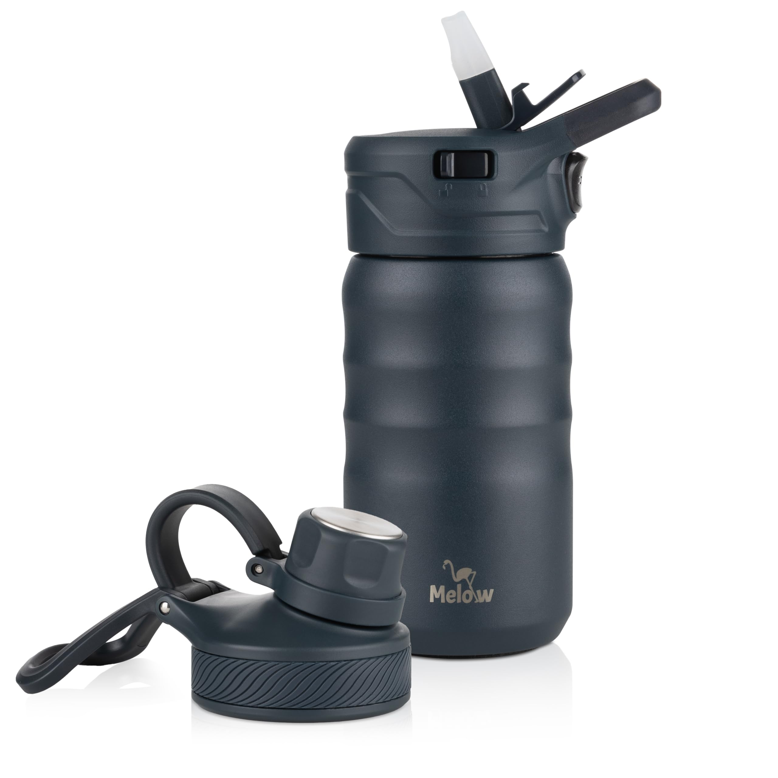 Melow 12 Oz Kids Water Bottle, Stainless Steel Insulated With Straw And Chug Lid, 2 Lids