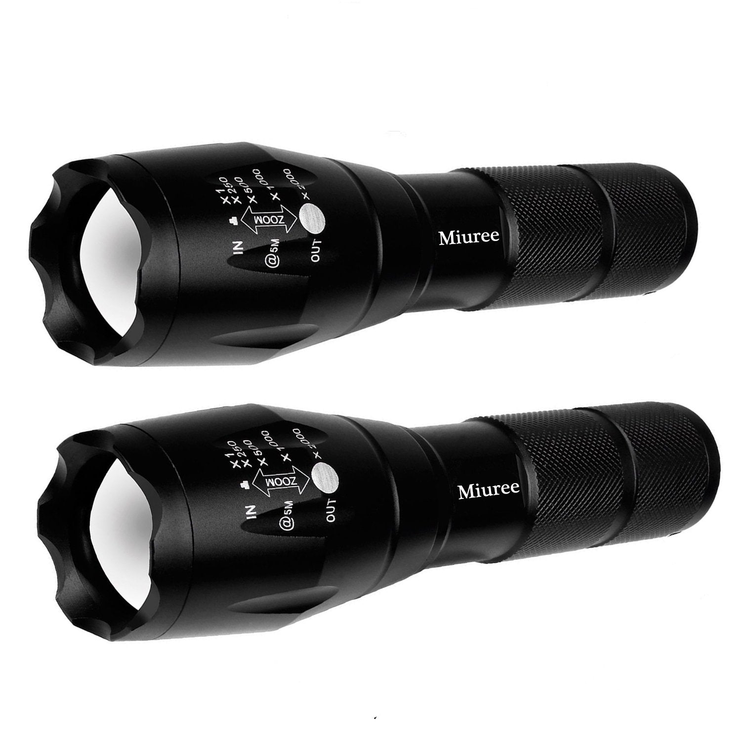 Miuree 2 Pack Led Tactical Flashlight Water Resistant Military Grade 2000 Lumens 5 Modes Zoom Function Ultra Bright Torch