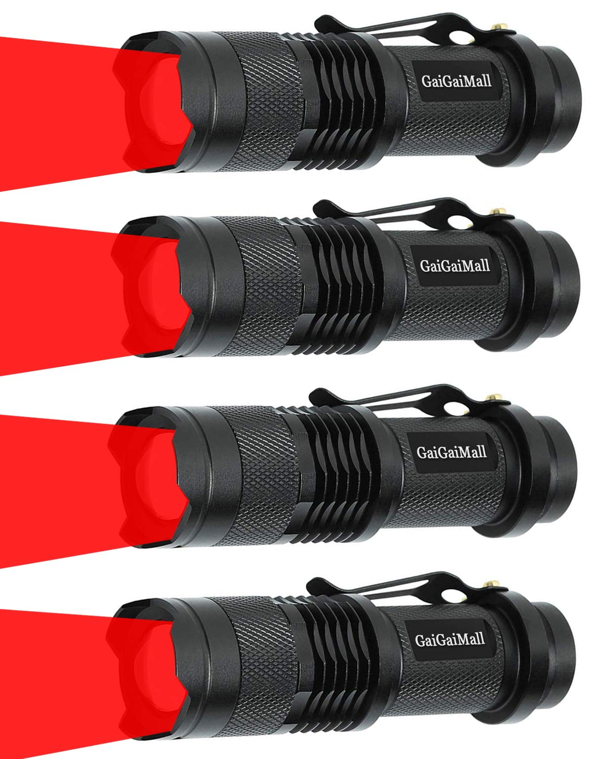 Gaigaimall 4 Pack Red Light Flashlight 3 Modes Zoomable Red Hunting Light With Clip For Astronomy, Aviation, Night Observation