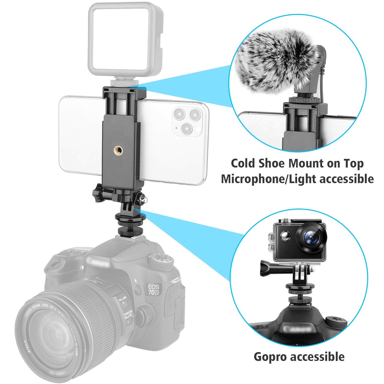 Anwenk Phone Holder Hot Shoe Mount Adapter With Cold Shoe Mount For Microphone/Flash Light Compatible With Gopro Hero Dji Osmo Action Camera Smartphone, Attach On Dslr Camera/Ring Light/Tripod