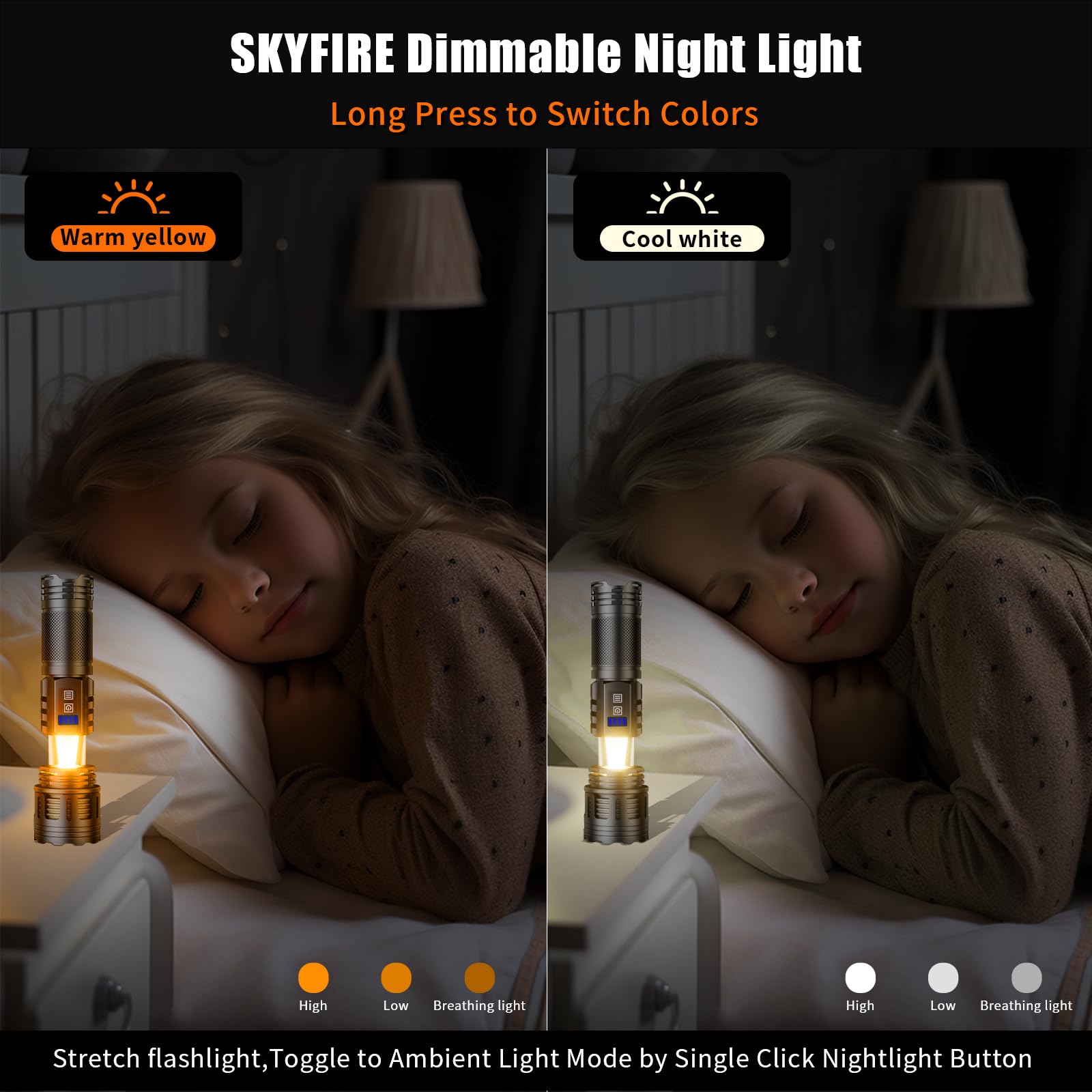 Skyfire Led Rechargeable Flashlight 2000000Lm High Lumens With Ambient Lamp,Super Bright Utility Flashlights With 2 Colors,Focusable,Waterproof Flash Light For Camping Essentials,Outdoor&Home-Black