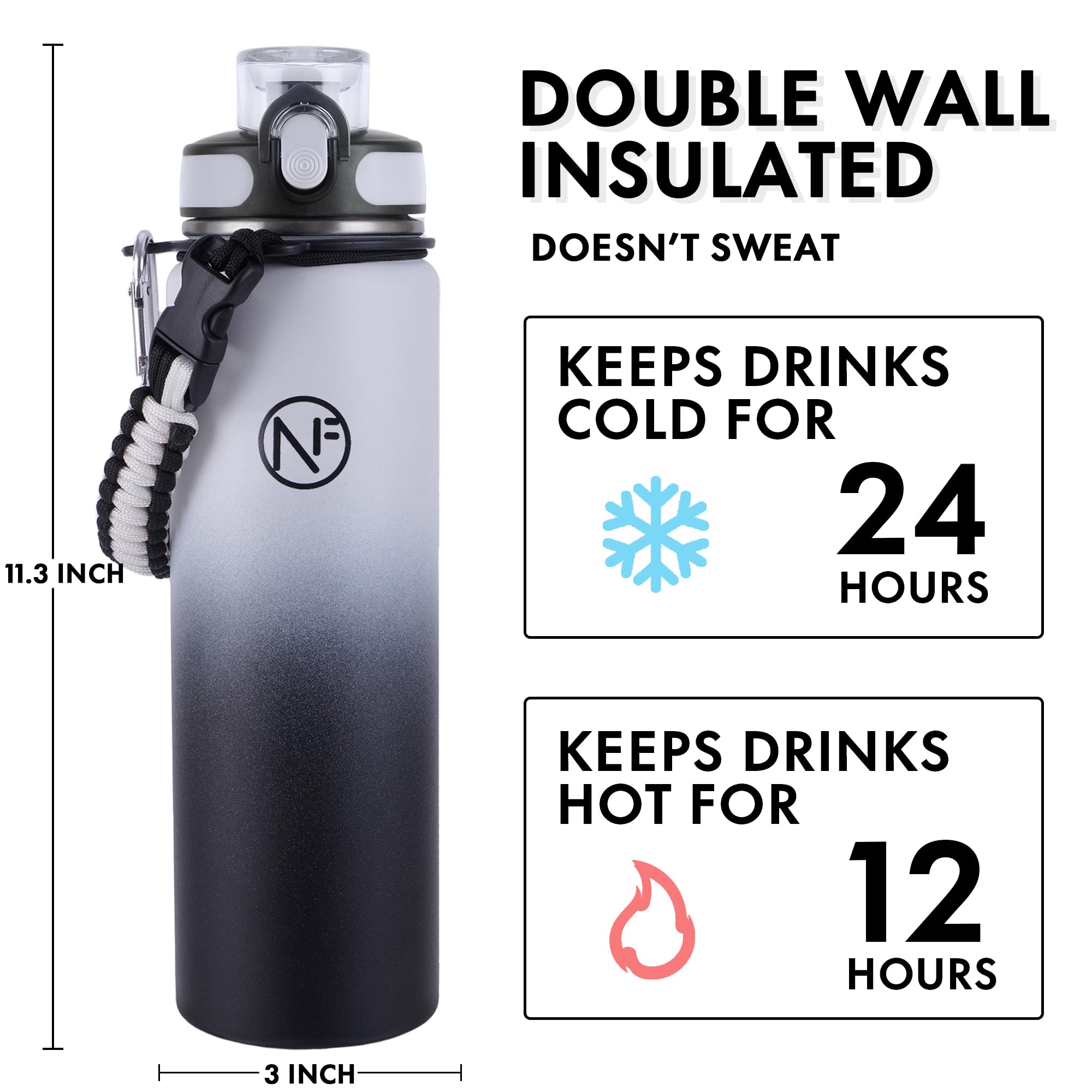 32 Oz Insulated Water Bottle With Detachable Straw & Paracord Handle, Stainless Steel Thermos Water