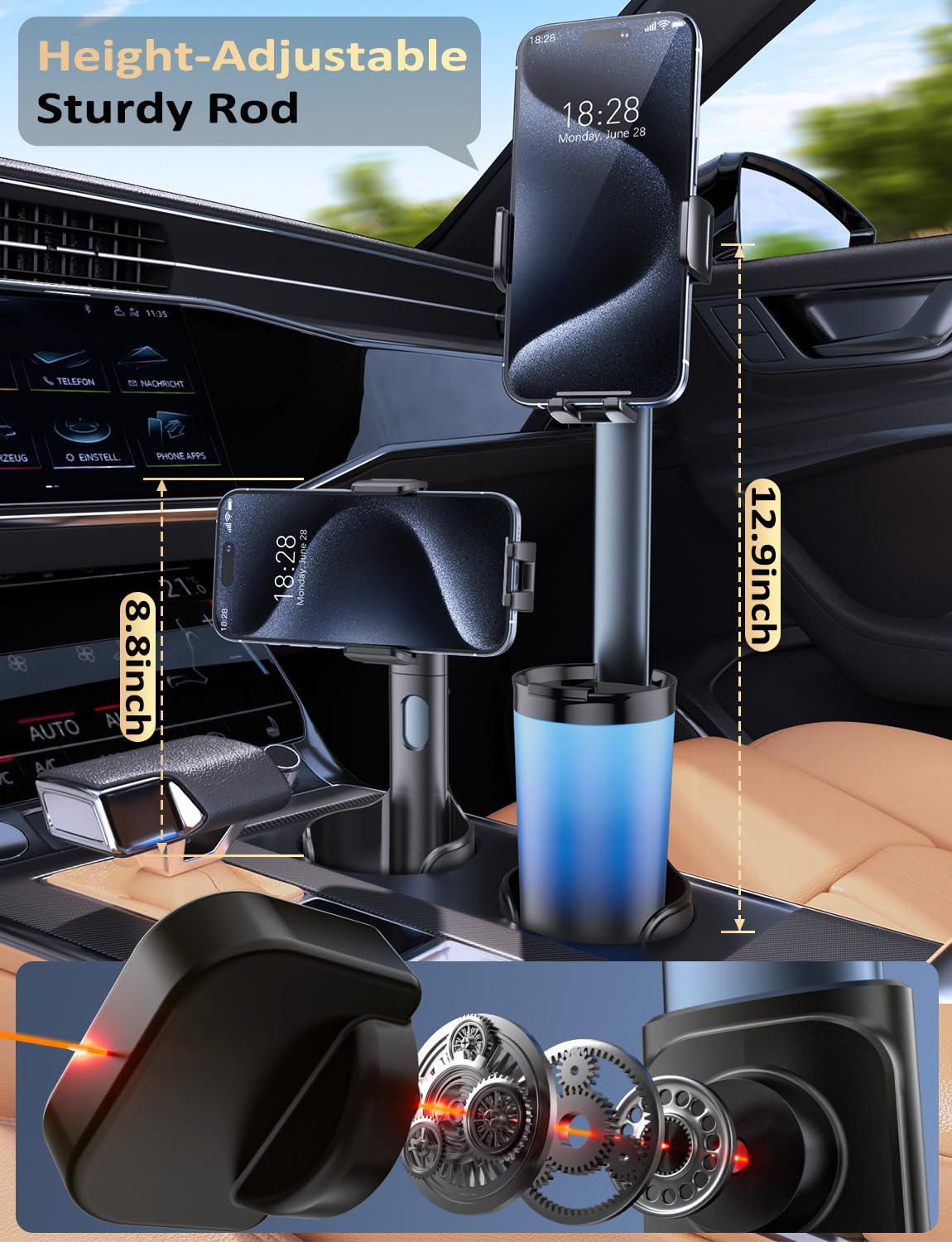 Tryone Cup Phone Holder Mount For Car:  Aluminum Adjustable Rod Cell Phone Cup Holder Stand For Auto  Truck Suv Compatible With Iphone & Samsung & All 4.0-7.0 Inches Smartphone