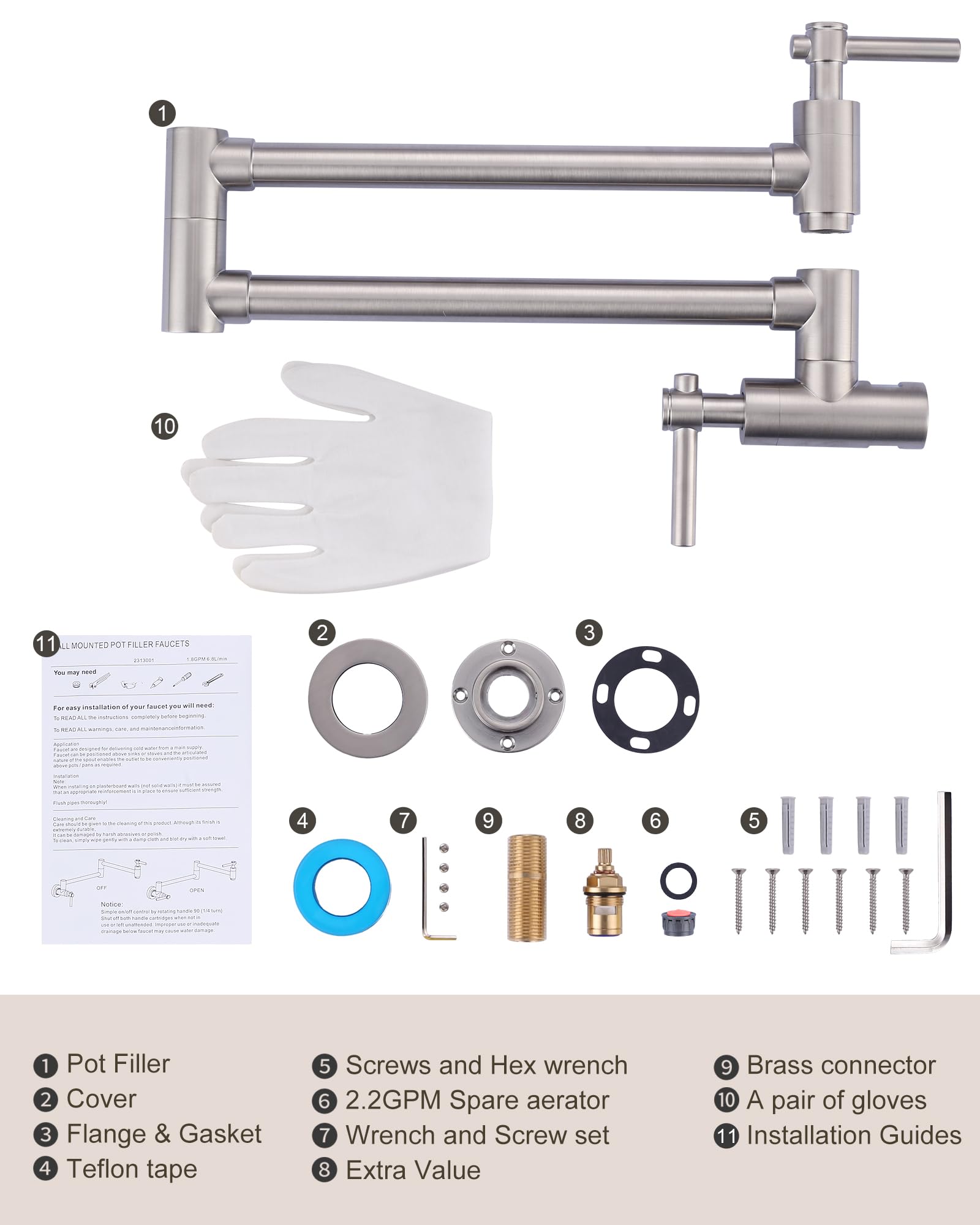 Iviga Pot Filler Faucet, Brass Wall Mount Kitchen Faucet Brushed Nickel Folding Stretchable With Double Joint Swing Arm Single Hole 2 Handles For Kitchen, Stove Faucet