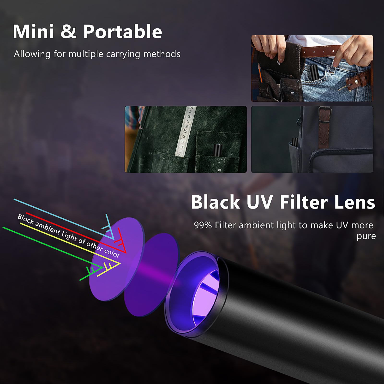 Luxnovaq Uv Flashlight 365Nm & 395Nm Uv Light, Mini Powerful Rechargeable Black Light, Usb Led Ultraviolet Flashlights Pet Urine Detector Light For Resin Curing, Uranium Glass, Rocks, Scorpion, 4 Pack