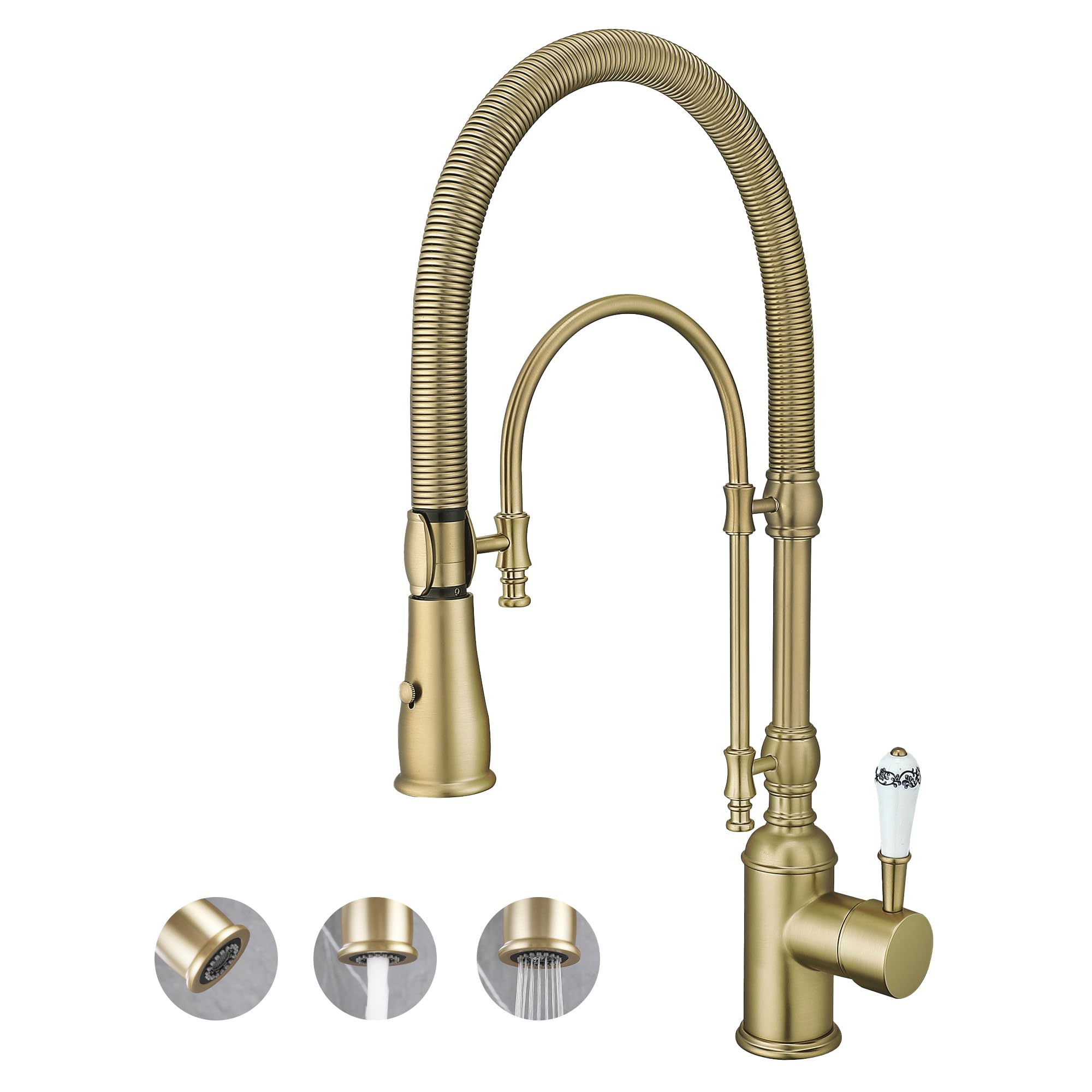 Ialtruistic Antique High Arc Classical Single Handle Spring Kitchen Faucet With Pull Down Sprayer, Swiveling Commercial Kitchen Sink Faucets For Farmhouse, Vintage Sink Faucet, Brushed Gold