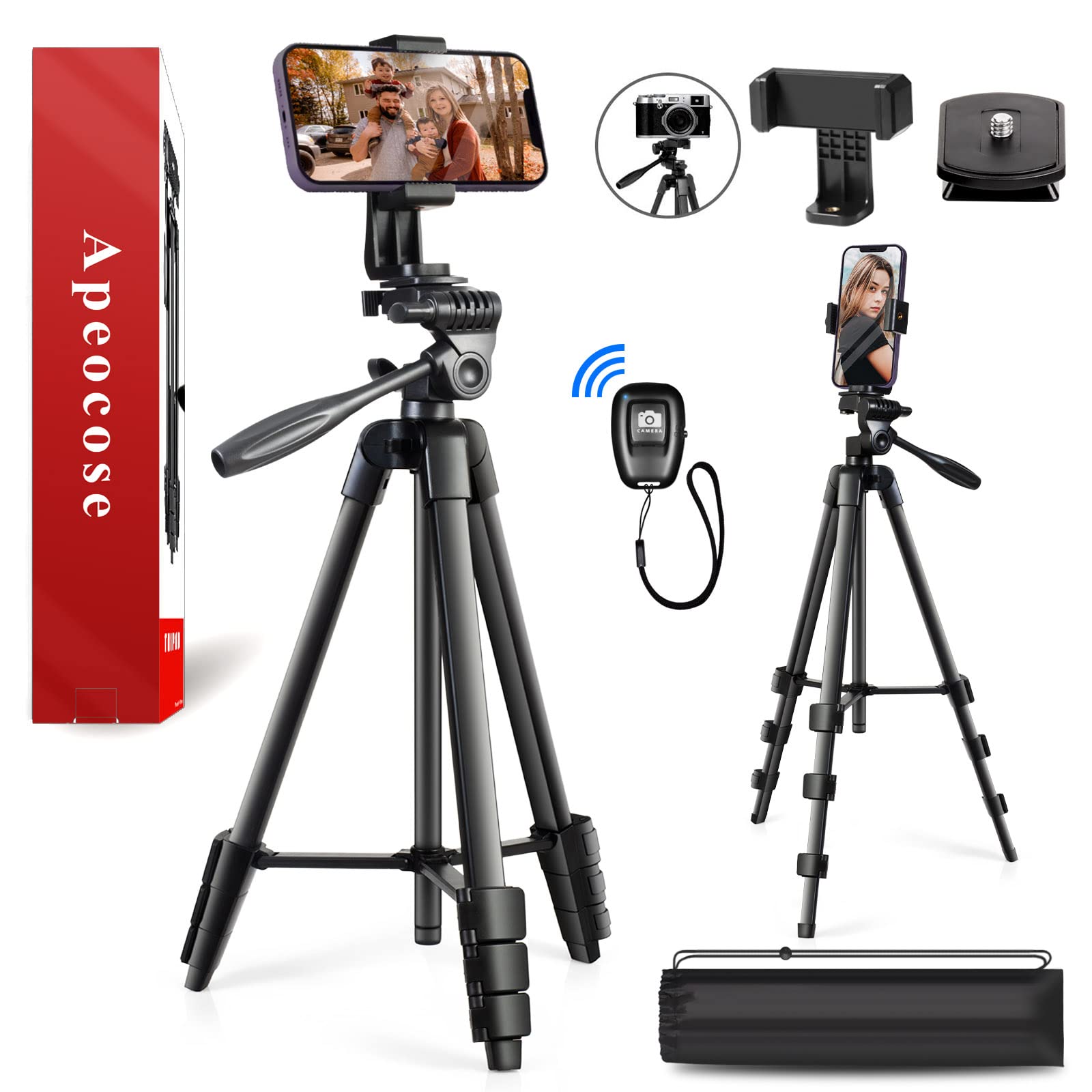 Apeocose 55" Tripod For Iphone With Quick-Release Plate, Lightweight Cell Phone Tripod Stand, Portable Travel Camera Tripod With 360 Degree Rotatable Phone Mount Holder & Wireless Remote Shutter