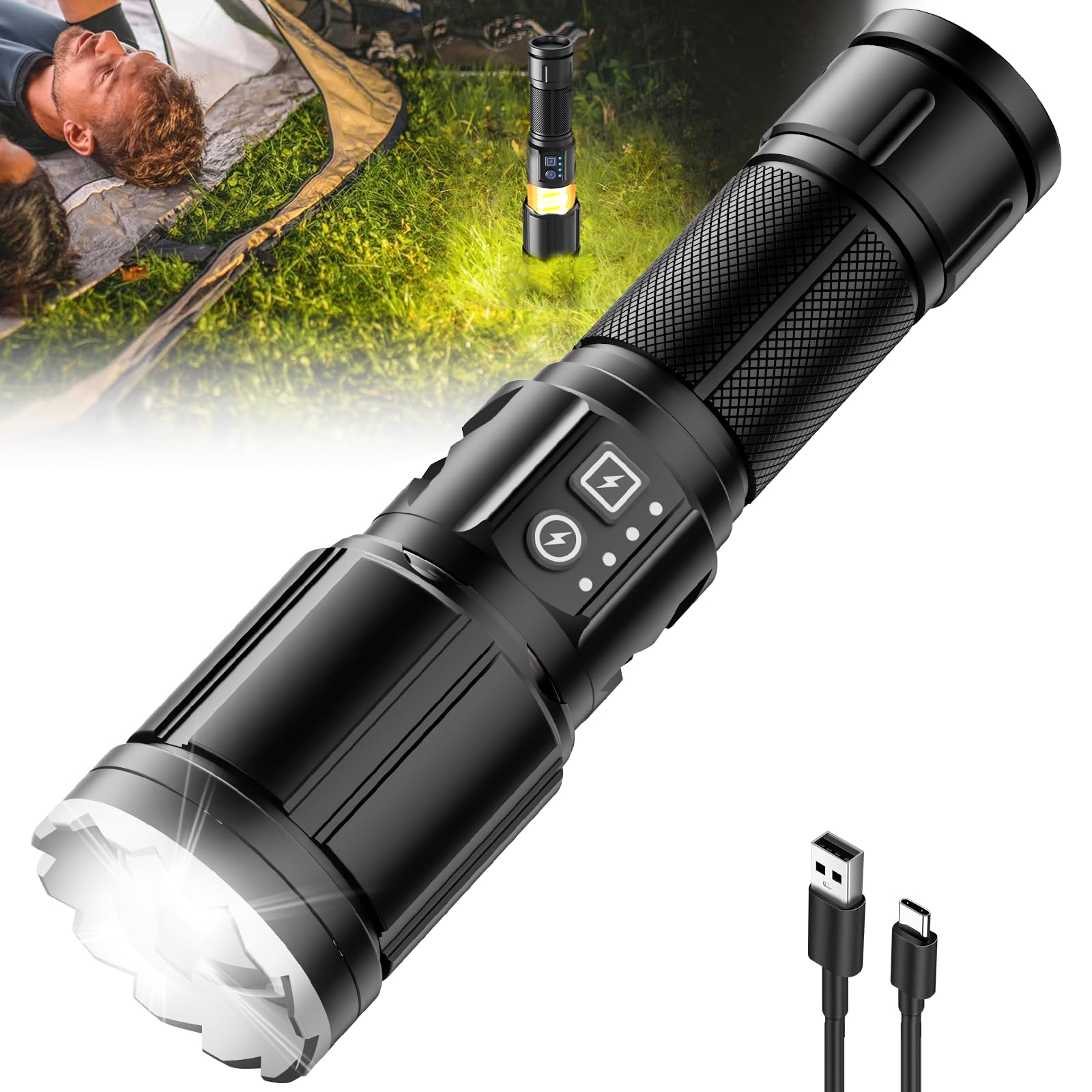 Tepreswes Flashlights 1000 High Lumens With Camping Lanterns, Rechargeable Flashlight For Camping Essentials, Super Bright Flashlights, 8 Modes, Survival Kits For Outdoor Home Emergency Power Outages Hiking