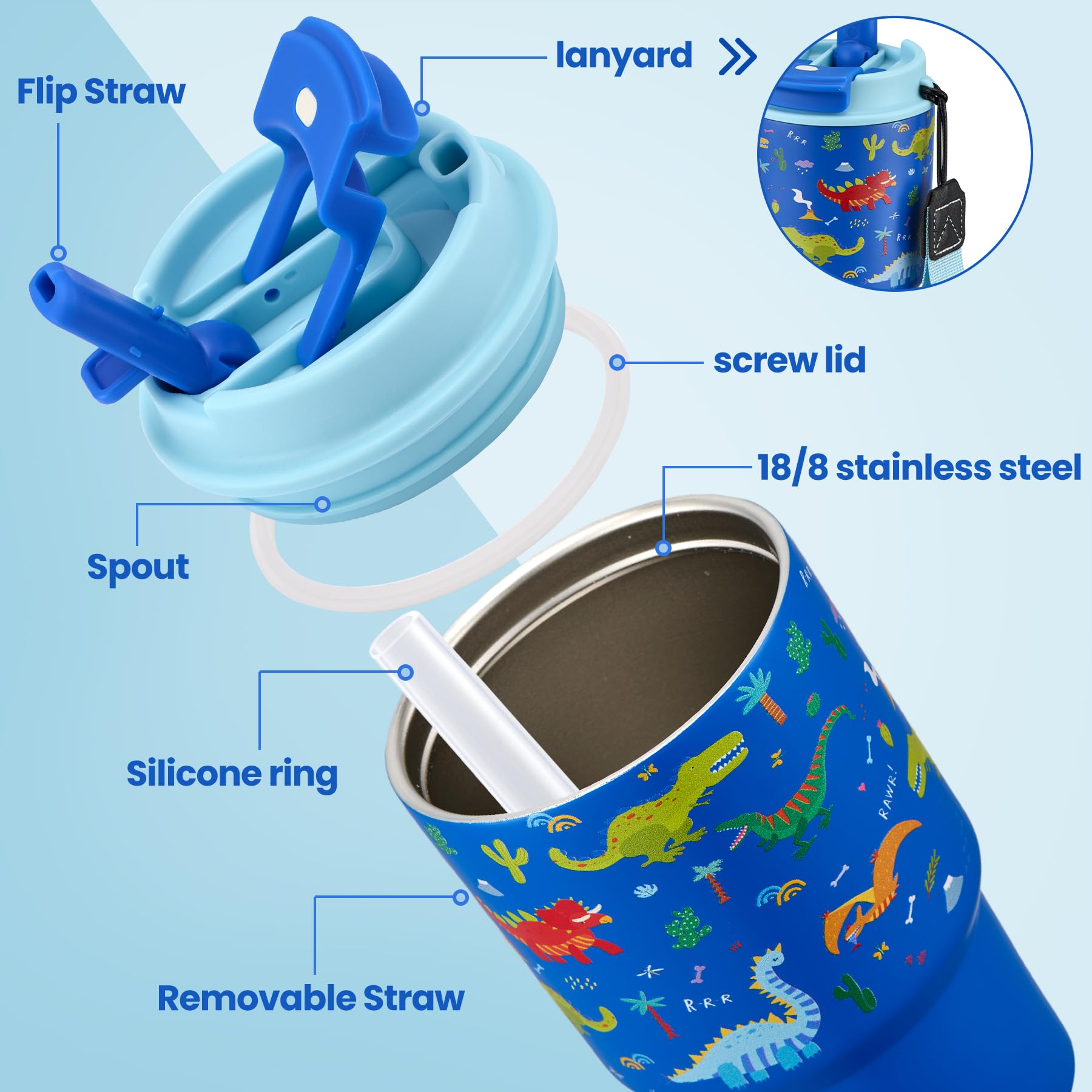 13.5Oz Kids Insulated Tumbler With Lid And Straw,- Stainless Steel Kids Water Bottle