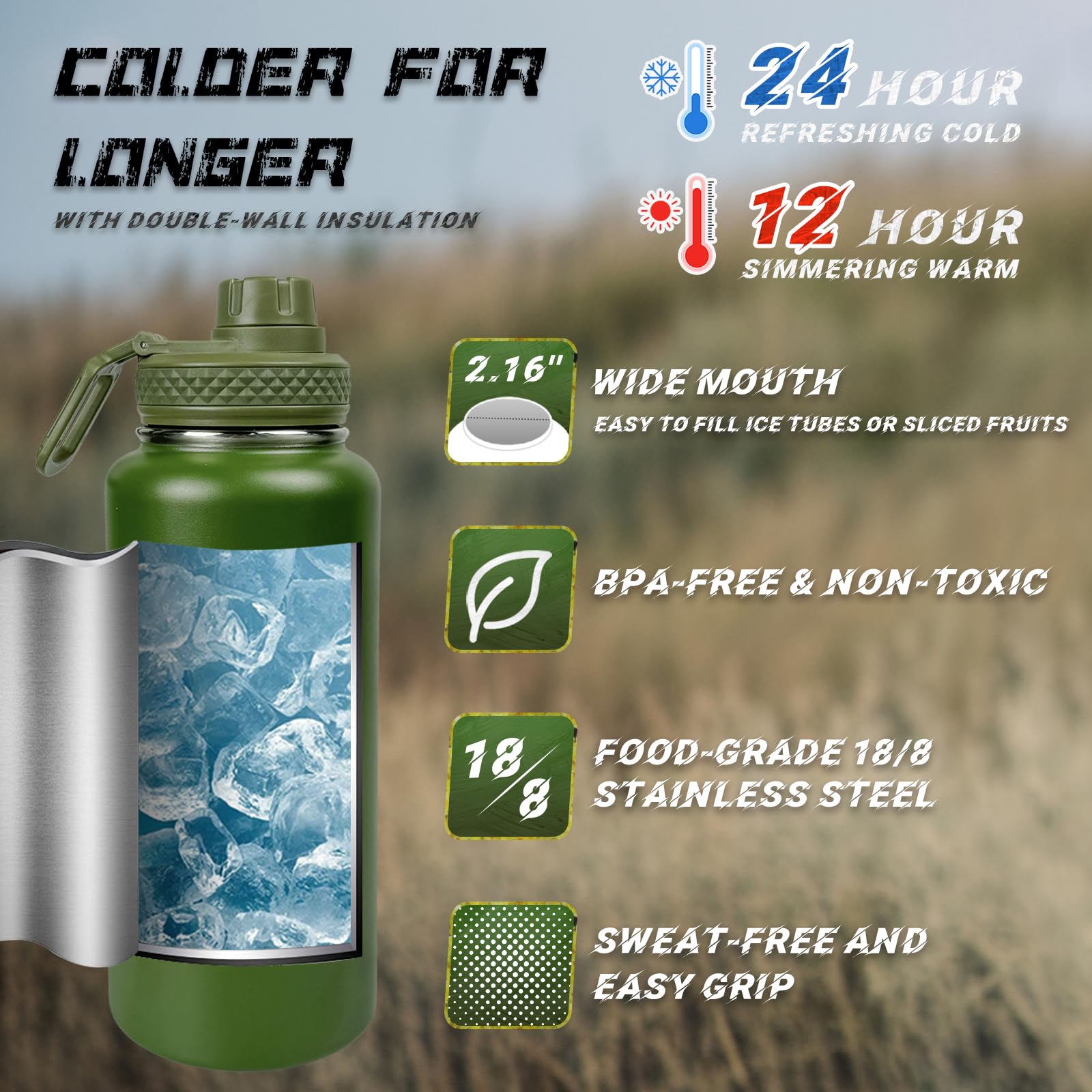 32 Oz Water Bottle With Sleeve - Military Green Stainless Steel Metal Insulated Water Jug