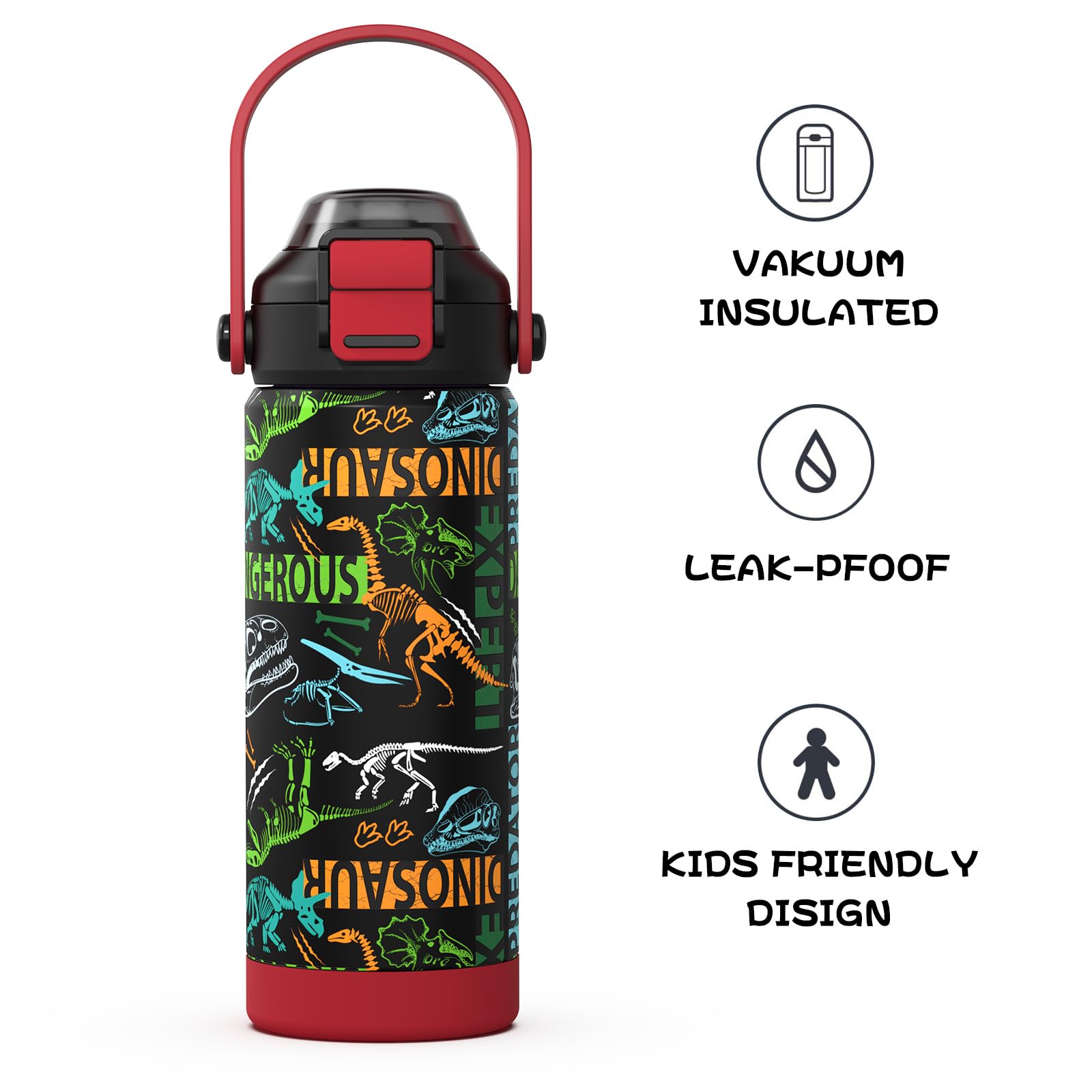 Boys Insulated Water Bottle With Pop-Open Straw & Spout 2-In-1 Lid,18Oz Kids Cups With Stainless