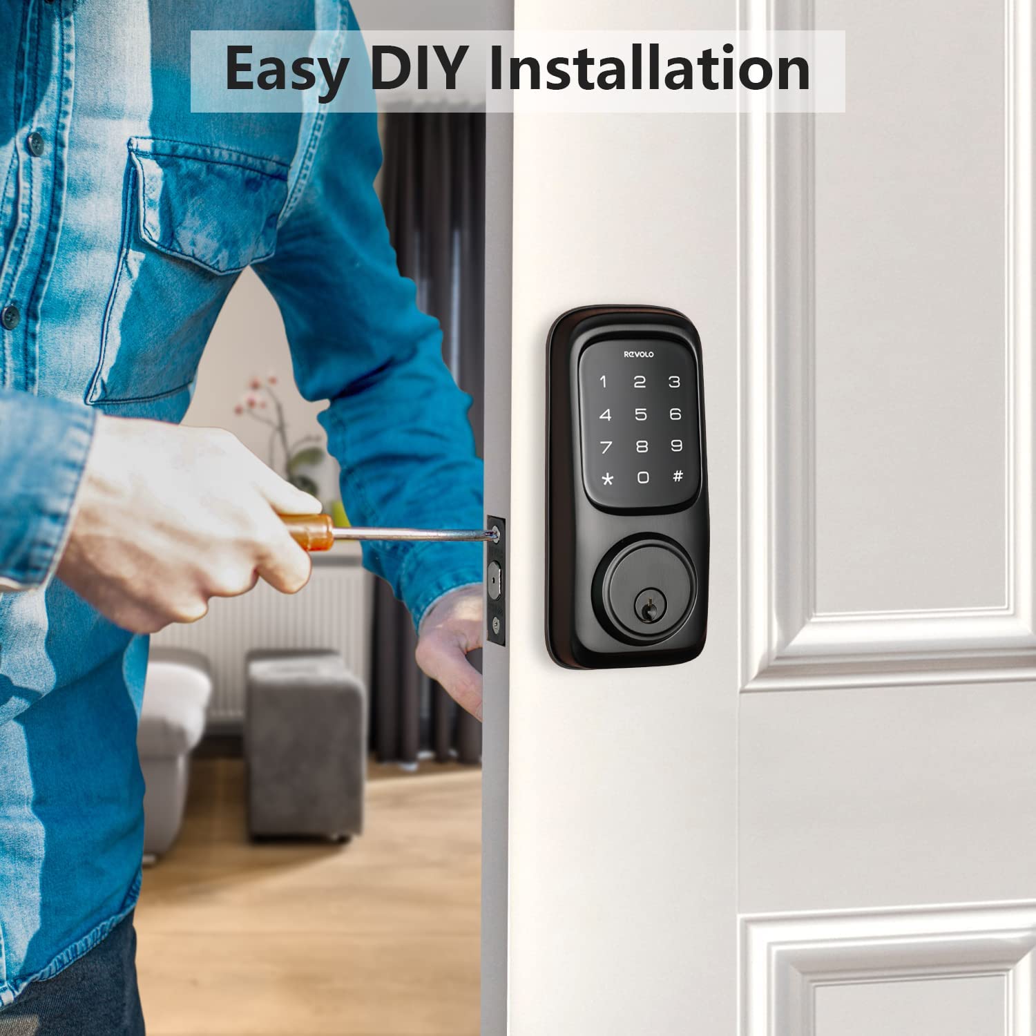 Revolo Keyless Entry Door Lock With Touchscreen Keypads, Electronic Keypad Deadbolt For Front Door, Ansi Grade 2 , All-Metal Construction, Auto Lock, Easy To Install, Matte Black