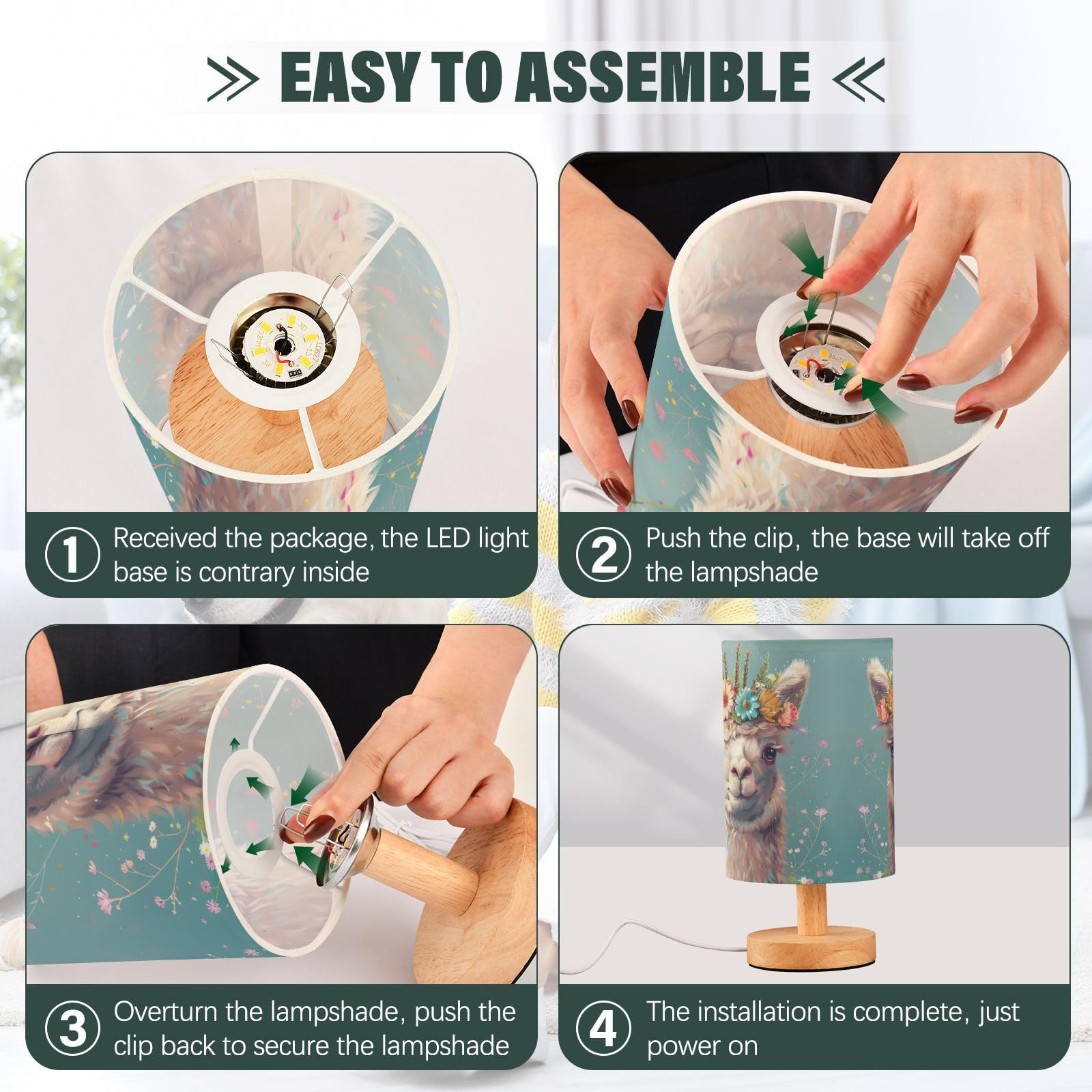 Goodold Cute White Alpaca Led Table Lamp - Modern Minimalist Bedside Lamp With Round Flaxen Fabric Shade For Nightstand, Perfect For Bedroom Ambiance