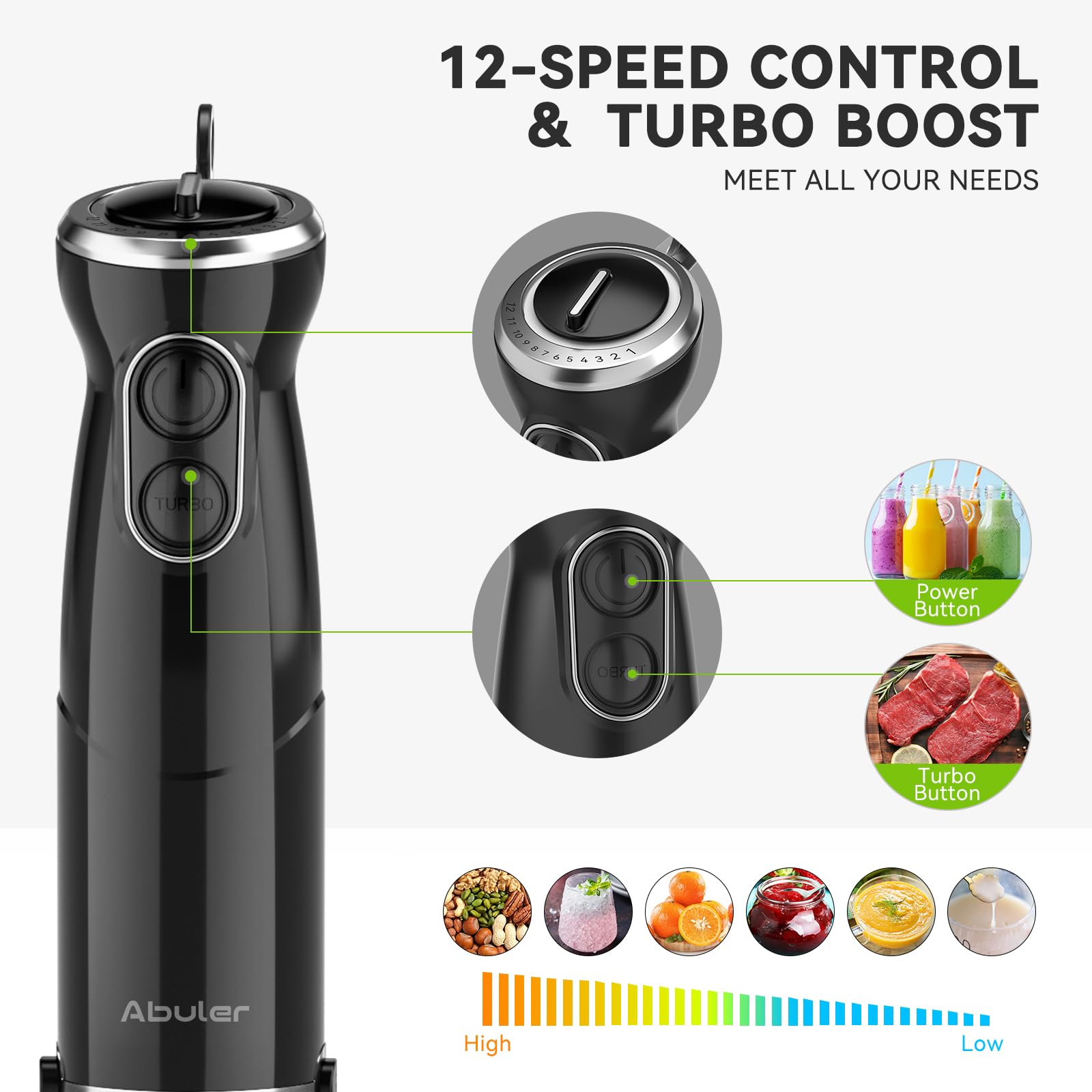 Abuler Immersion Blender Handheld, 800W Scratch Resistant Hand Blender, 5 In 1 Emulsifier Blender Mixer, Bpa- 12 Speed Stick Blender, Beaker, Chopper, Whisk, Frother, For Soup, Sauce, Baby Food