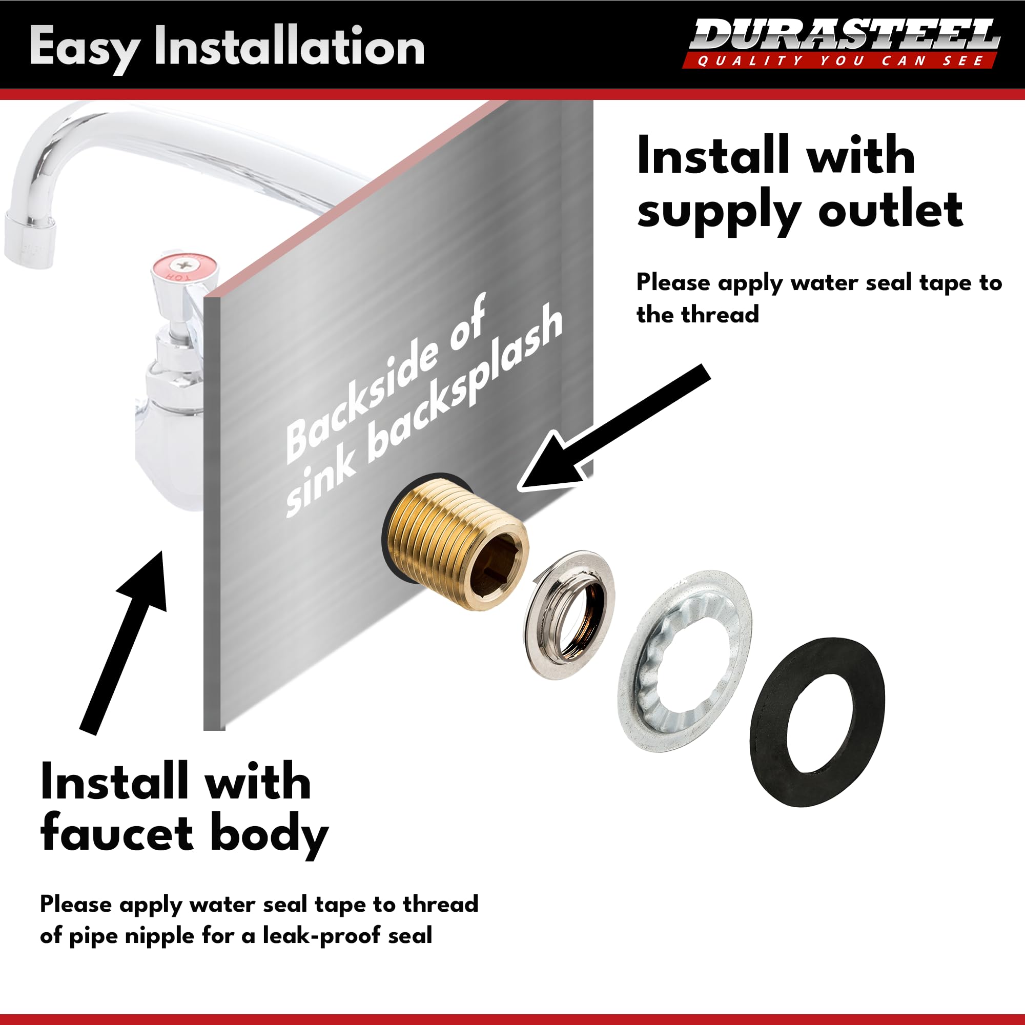 Durasteel Wall Mount Faucet Installation Kit - Commercial Kitchen Faucet Mounting Adapter Set For 1/2-Inch Ips Female Inlet - Space Saving Backsplash Kit