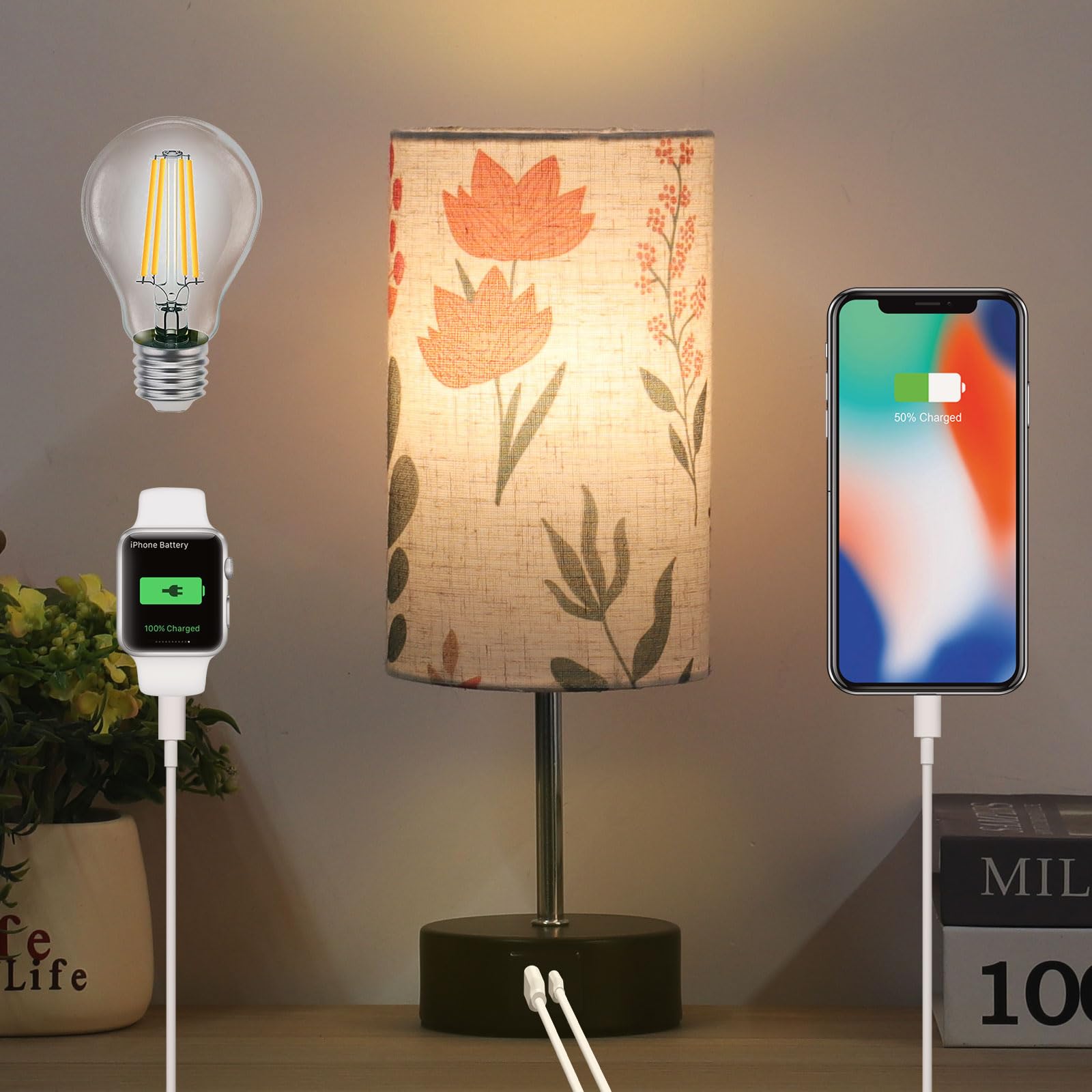 Lanmonlily Touch Control Desk Lamp With 2 Usb Ports, 3-Way Dimmable Bedside Lamp For Bedroom, Nightstand Lamp With Round Flower Fabric Shade For Living Room, Home Office
