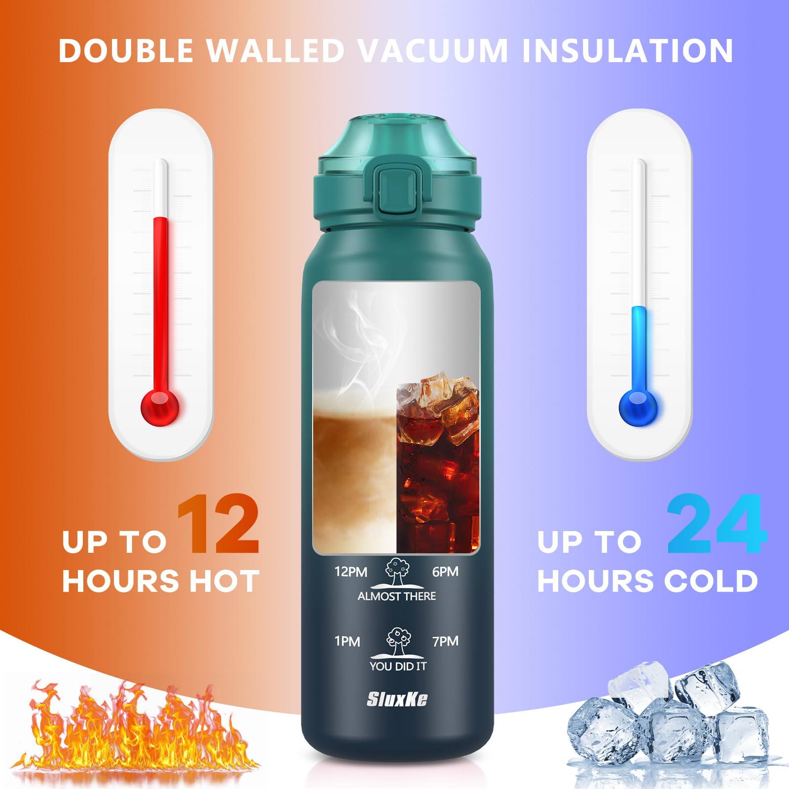 Insulated Water Bottle 32Oz With 2Lids,18/10 Stainless Steel 1000Ml Insulated Water Bottle Double