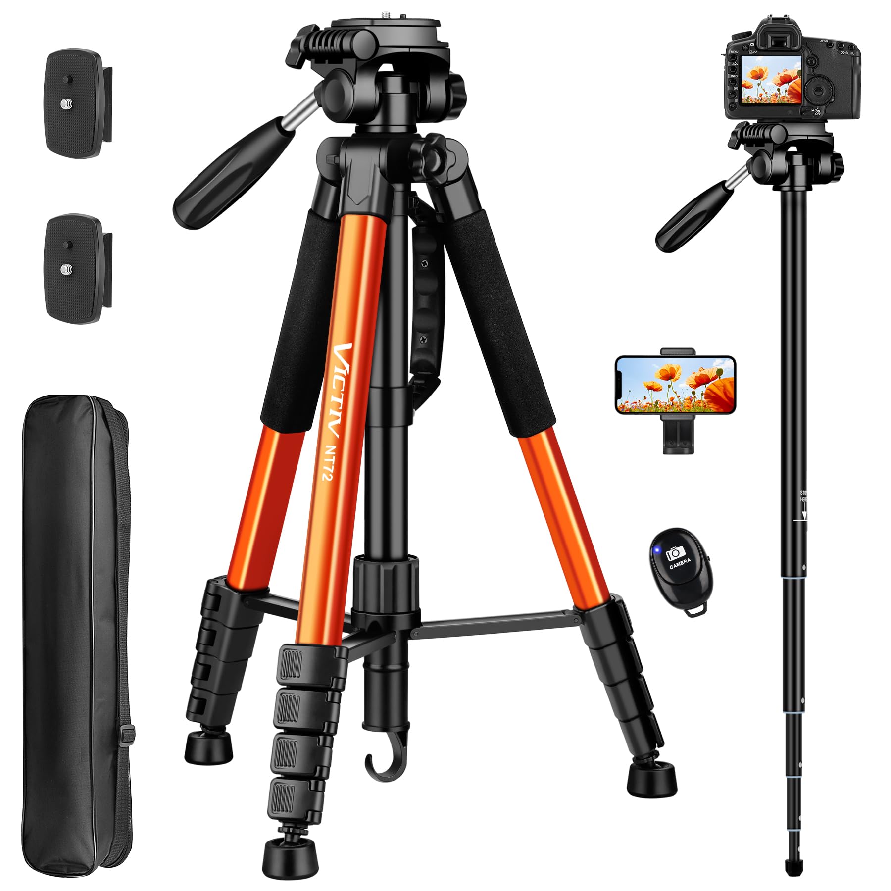 Victiv Tripod For Camera, 72" Tall Camera Tripod & Monopod With Remote, Professional Heavy Duty Compact Camera Stand For Phone, Dslr, Spotting Scope, Telescope, Binocular
