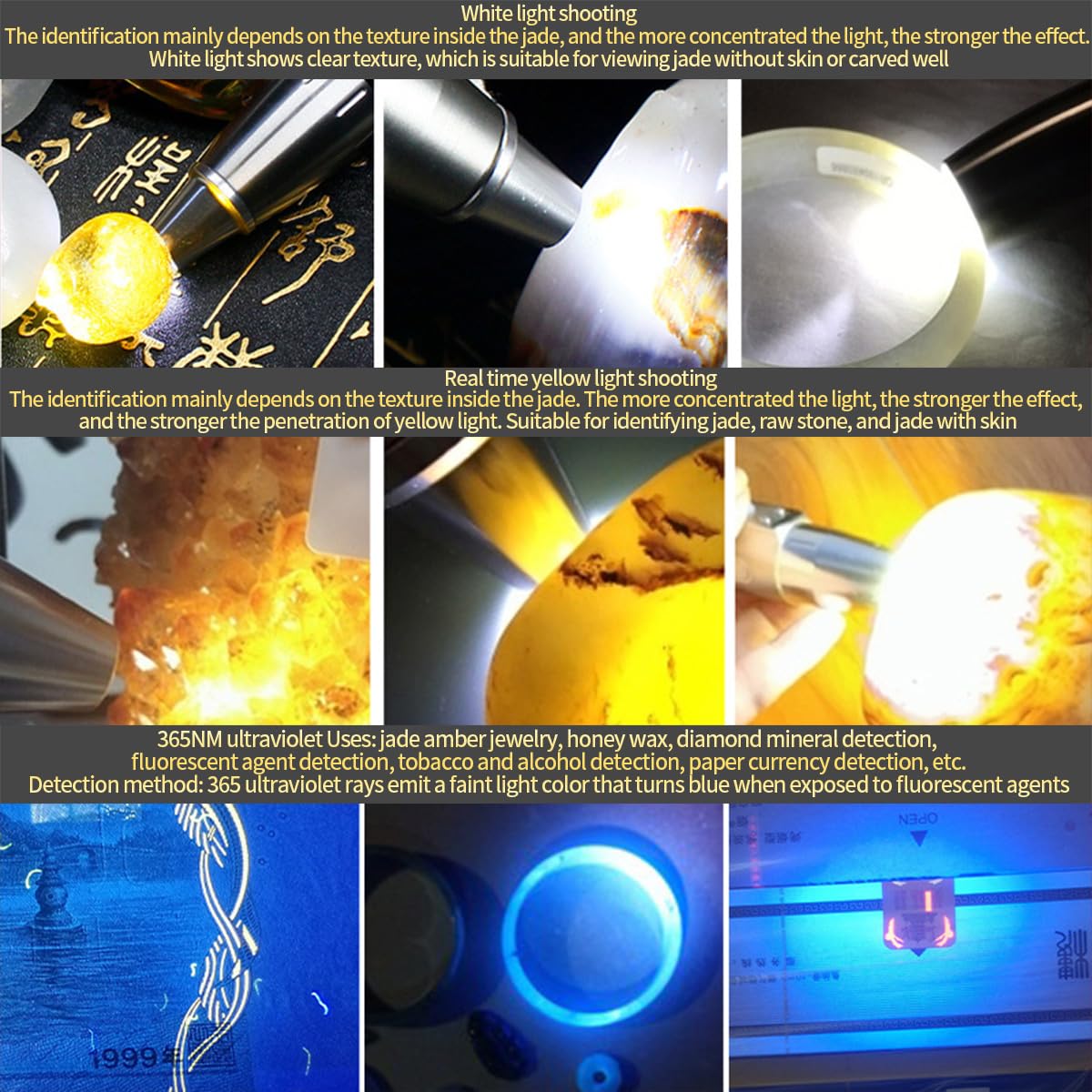 Yzyoe Six In One Jade Recognition Strong Light Flashlight, Led Outdoor Mineral Gemstone Crystal Beeswax Detection Light, White Yellow Red Blue Light 395Nm And 365Nm Uv Multi Source Flashlight.