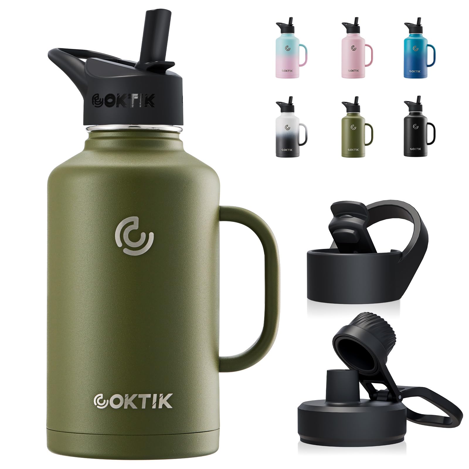 Coktik 64 Oz/Half Gallon Insulated Water Bottle Jug With Straw And Handle, Double Walled Stainless