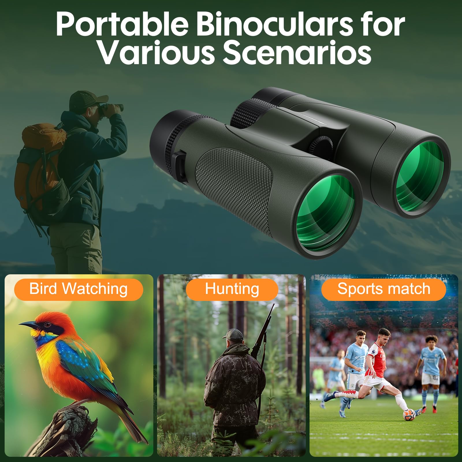 Aurosports 12X42 Uhd Waterproof Binoculars For Adults: Fogproof Shockproof High Powered Easy Focus - Large View Lightweight With Clear Low Light Vision For Bird Watching Hunting Trip Hiking Green