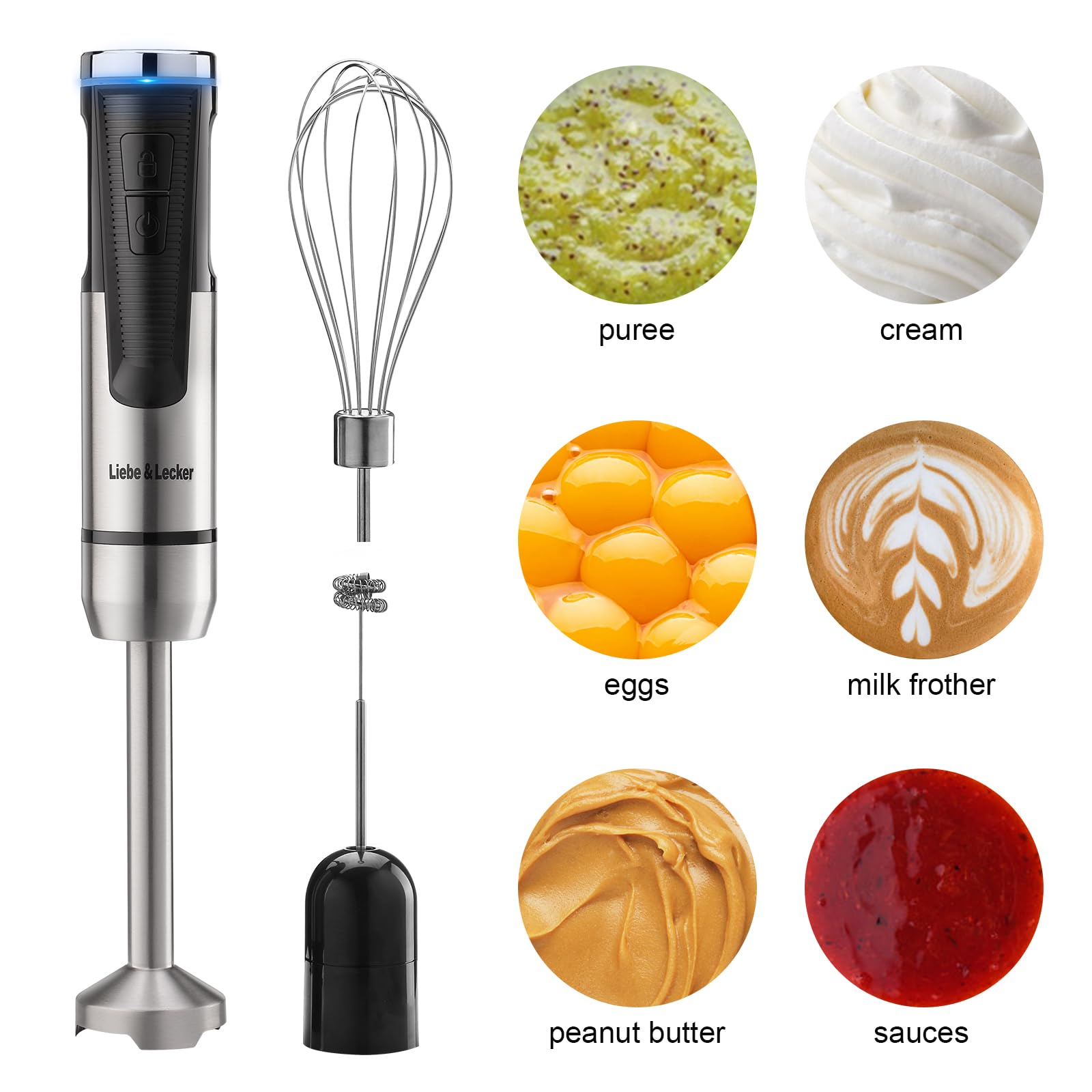 Liebe&Lecker Cordless Hand Blender, Immersion Blender Handheld Usb Rechargeable 8 Variable Speeds With Whisk, Milk Frother Attachments, Portable Stick Mixed For Milkshakes, Smoothies & Soups.