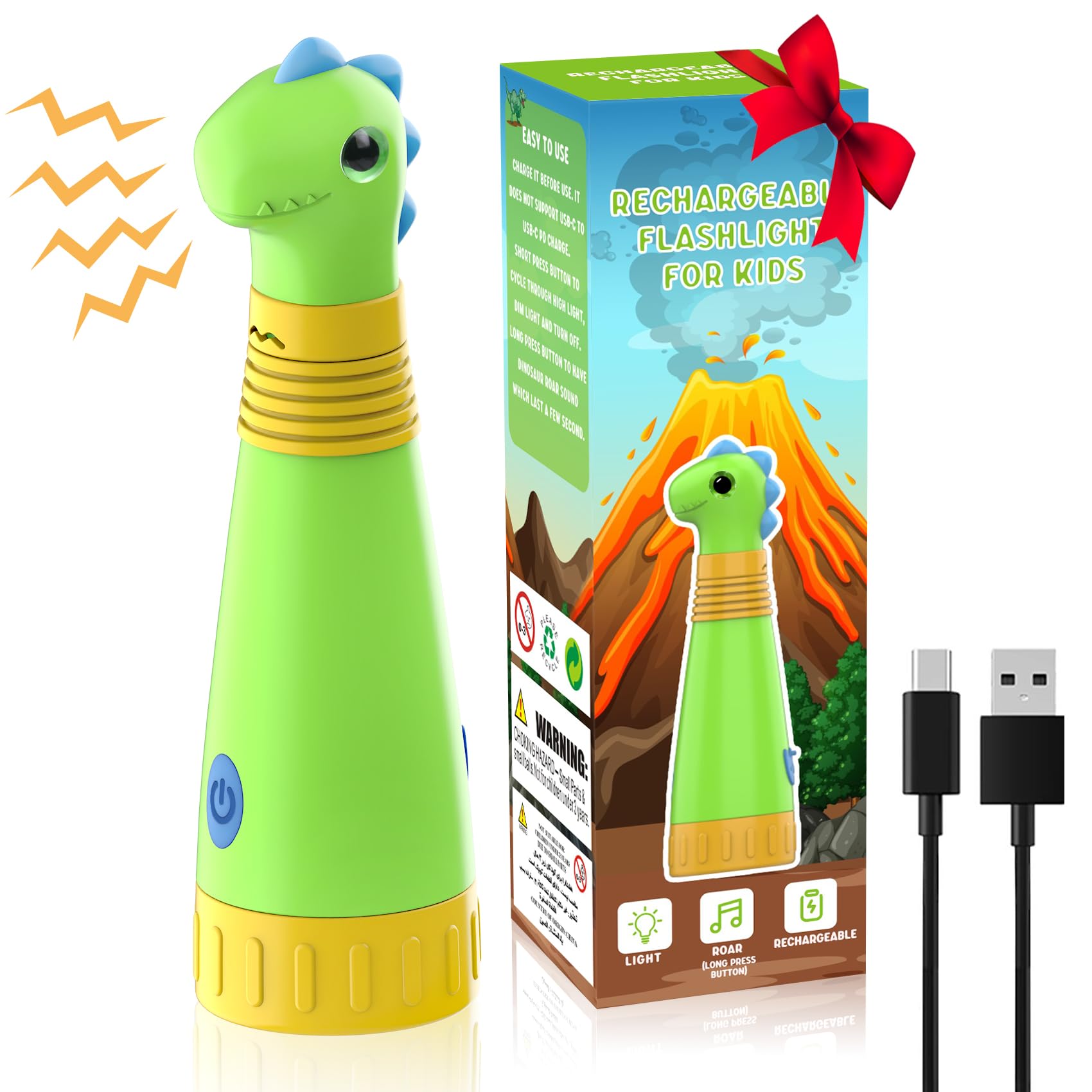 Auksky Rechargeable Dinosaur Flashlight With Roar For Kids, Kids Flashlight Camping Gear Toddler Handheld Flashlight For Kids, Halloween Christmas Lights For Boys Girls, Dino Kid Lantern