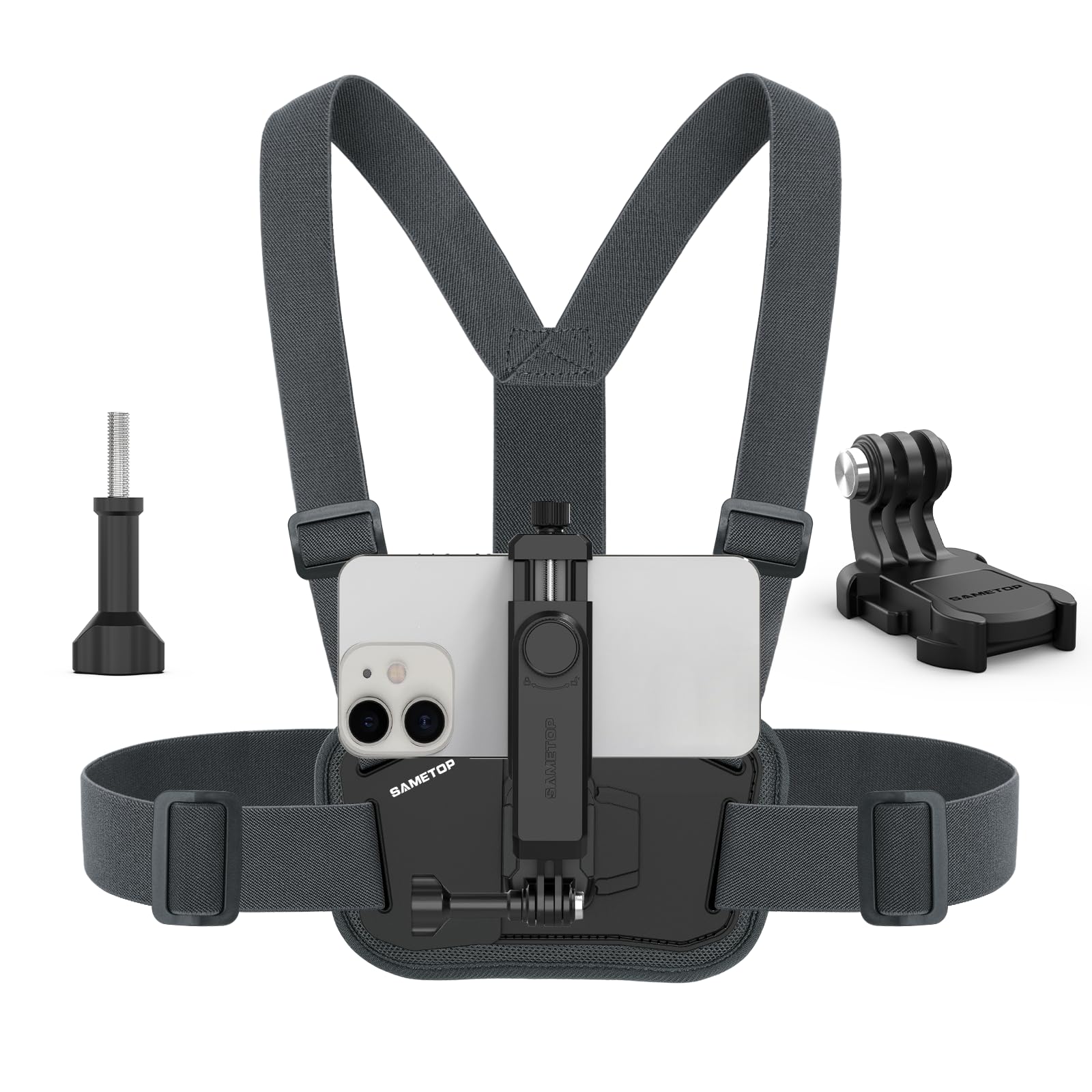 Sametop Phone Chest Mount Harness Holder Mobile Phone Strap Clip Compatible With Iphone Samsung Gopro 13/12/11/10/9/8 Dji Osmo And Most Cell Phones Action Cameras Pov/Vlog