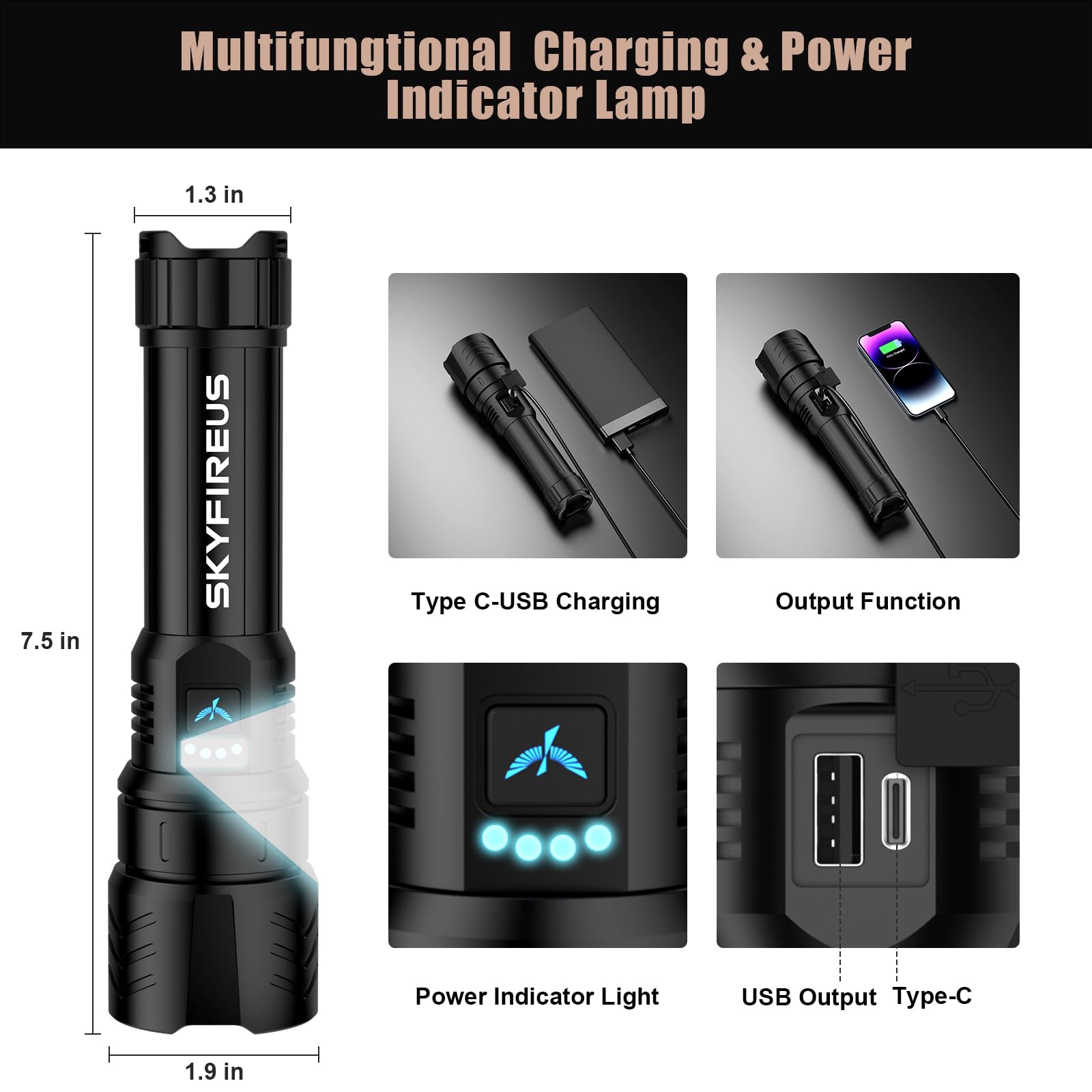 Skyfire Led Flashlight High Lumens,Super Bright Rechargeable Flashlight,Zoomable,Four Modes,Waterproof Flash Light For Camping Essentials,Outdoor And Home Emergencies