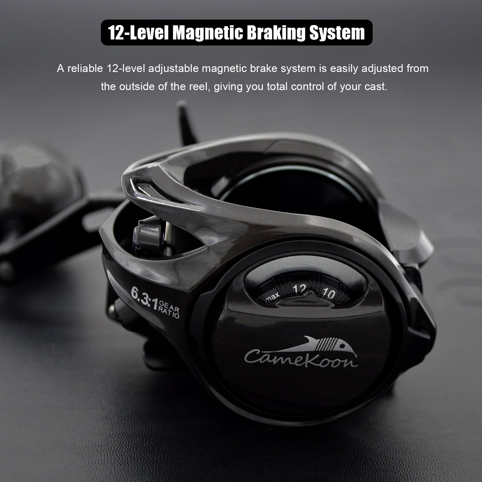Camekoon Carbon 300 Baitcasting Fishing Reel, High Line Capacity Baitcaster Reels, 6.3:1 Gear Ratio, 10+1 Stainless Steel Ball Bearings, 10 Button Magnetic Brakes, Carbon Fiber Frame And Side Covers