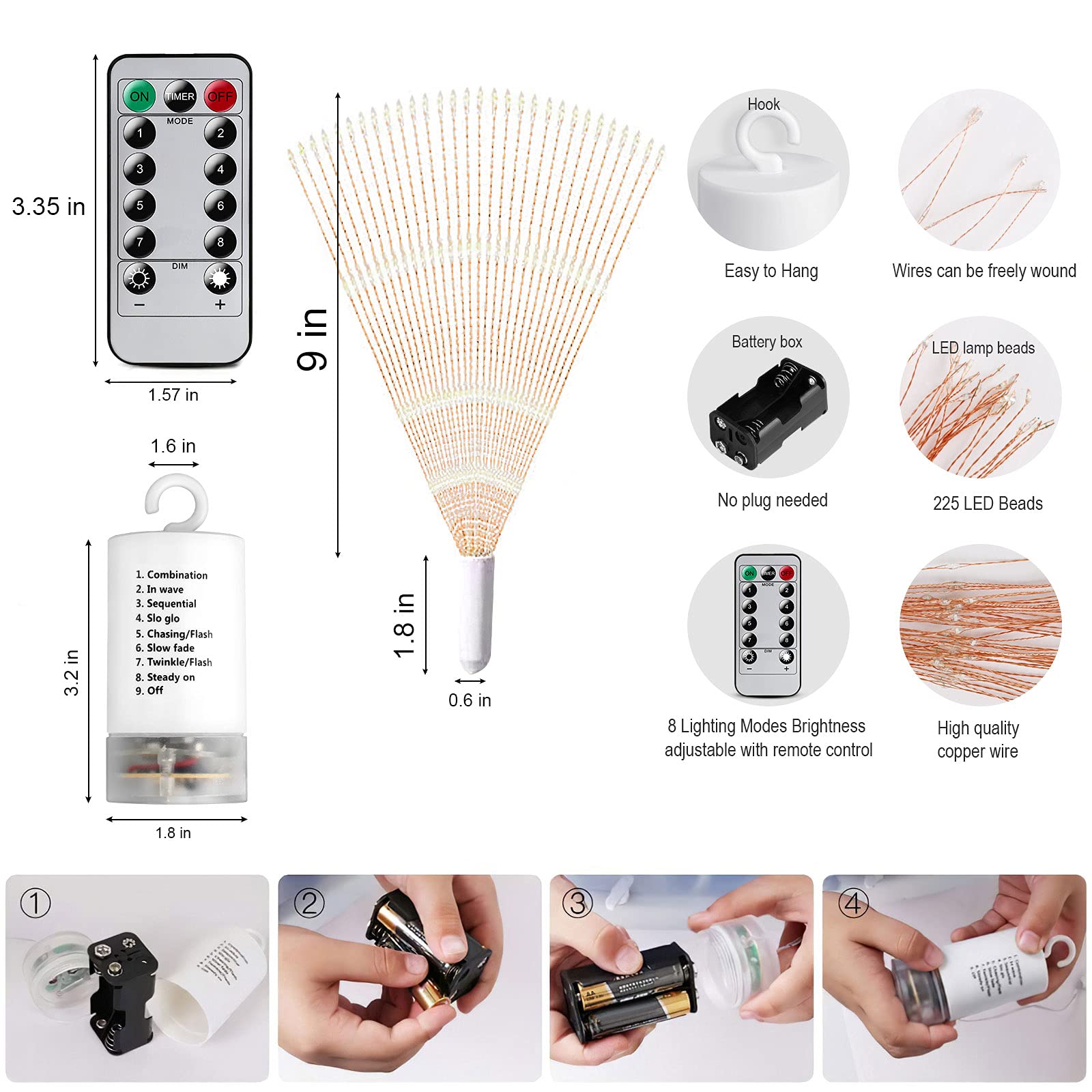Admitrack 4 Pack String Lights - 225 Led 8 Modes Dimmable With Remote Control, Waterproof Copper Wire Decorative Hanging Bursting Star Lights For Party, Patio, Garden Decoration (Warm White)
