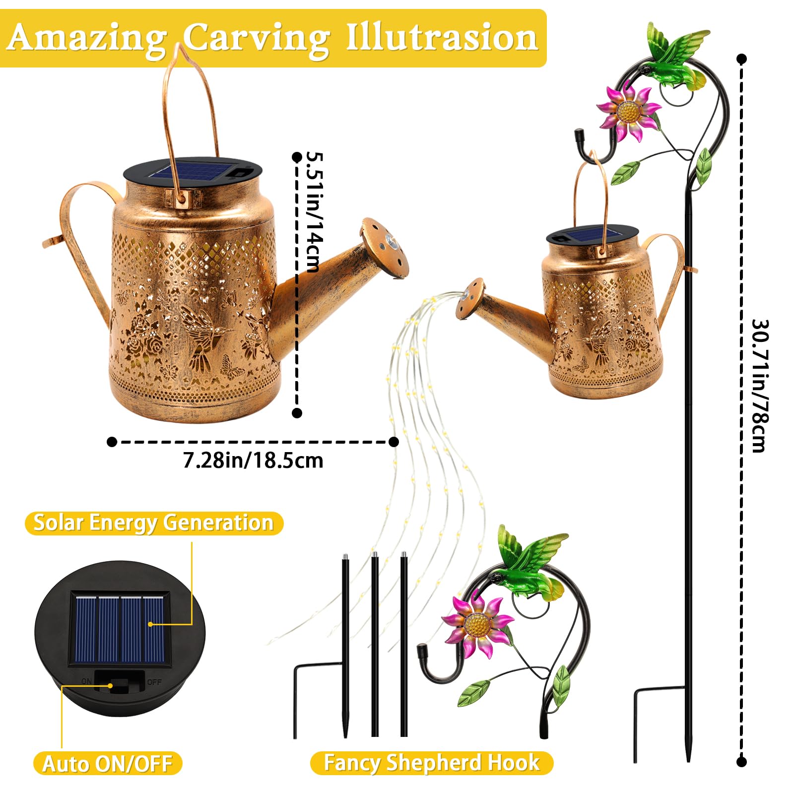 Yjfwal Solar Lanterns Outdoor Waterproof,Hummingbird Watering Can Garden Decor,Hanging Solar Path Lights Yard Art,Outside Patio Decorations Gardening Birthday For Mom Grandma Women With Shepherd Hook