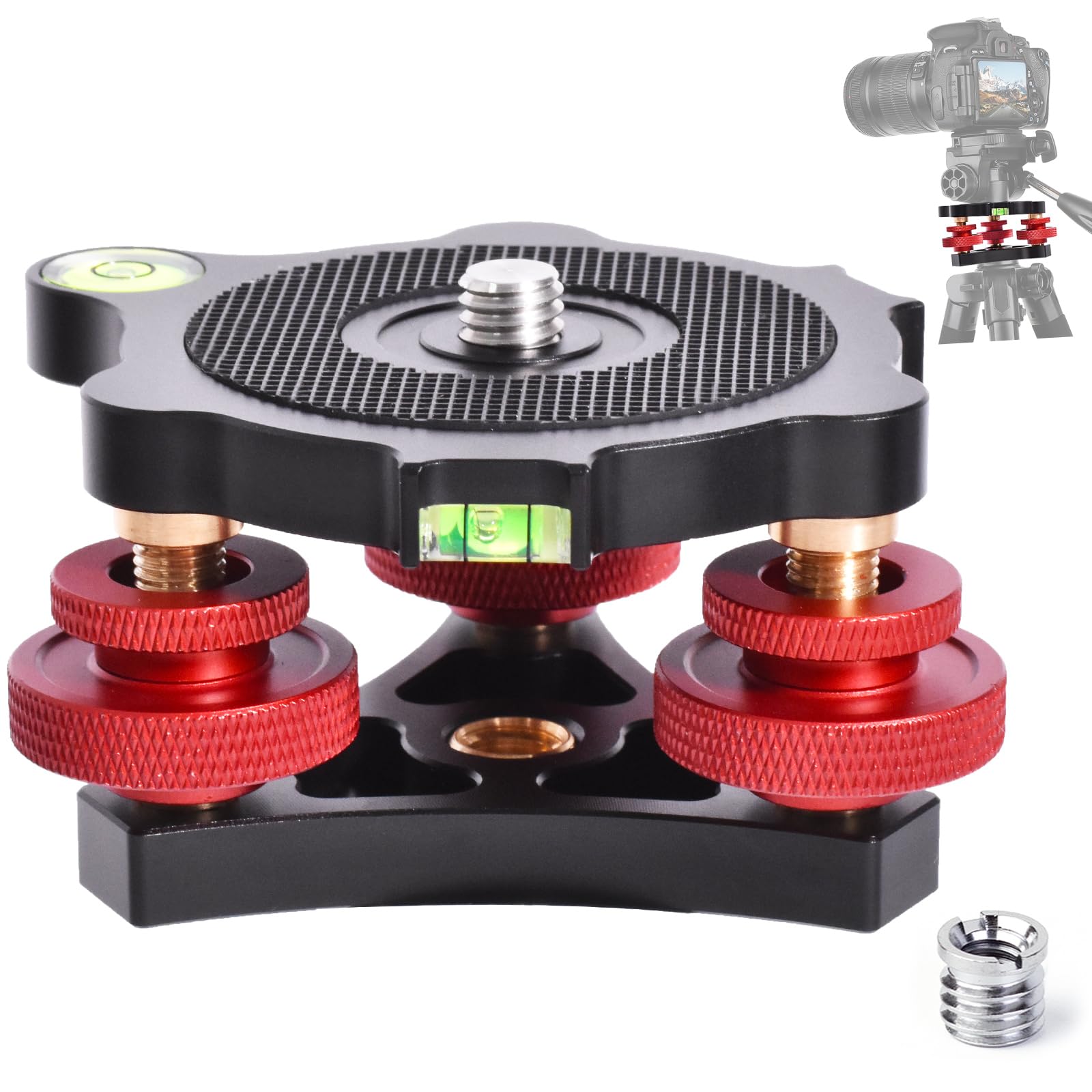 Yqlbgprj Tripod Leveling Base,Camera Head Leveler,3/8”Thread,+/-5°Precise Angle Adjustment,Aircraft-Grade Aluminum Alloy 3Axis Tri Wheel Head,For Macro Panoramic Head,Lp64