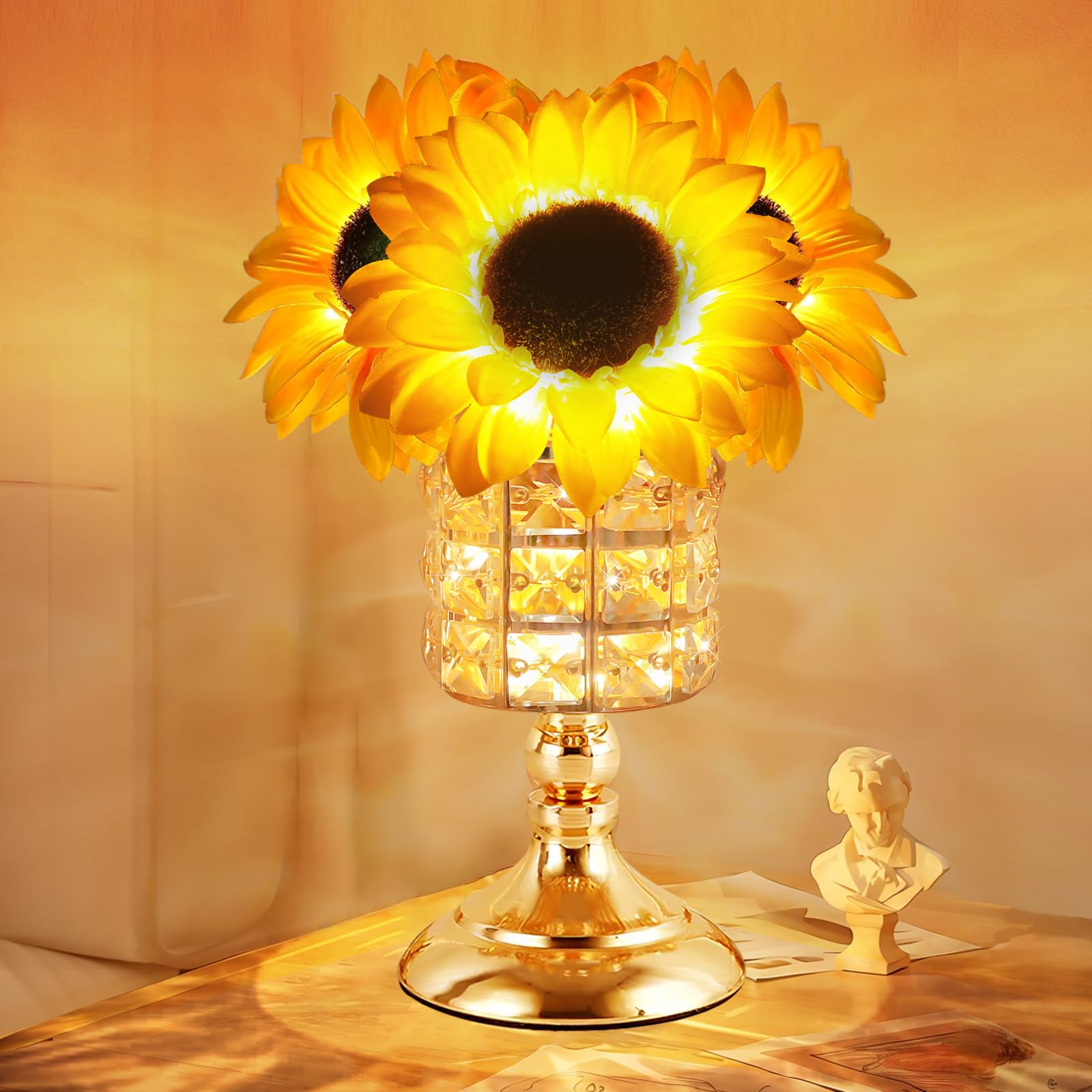 Tynled Sunflower Lamp,Portability Rechargeable Touch Table Lamp,10+ Hours Runtime&3-Colour Infinitely Dimming Sunflower Crystal Table Lamp,Eye Care Small Night Light For Bedside Lamp, For Women