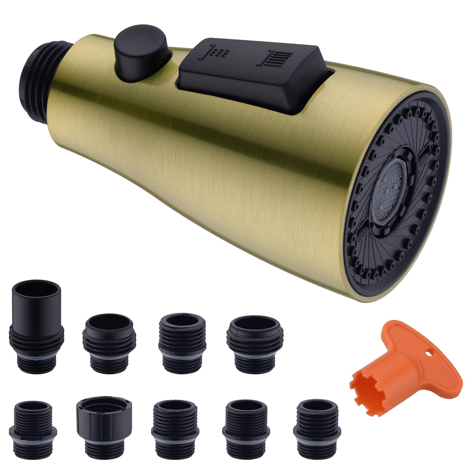 Clovermap Pull Down Kitchen Faucet Sprayer Head Replacement, 3 Function (Blade Spray) Pull Out Sink Spray Nozzle With 9 Adapters, Kitchen Tap Spray Spout Part Connector (Brushed Gold)