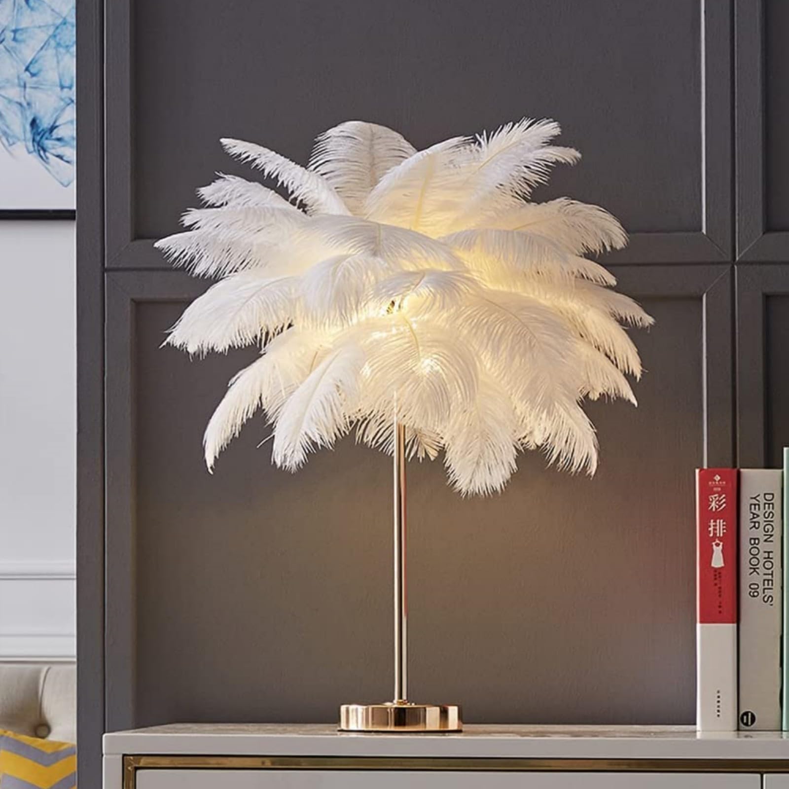 Juopzkenn Feather Table Lamp, Ostrich Feather Night Light Modern Bedside Desk Lamp Led Atmosphere Light For Living Room Wedding Bedroom