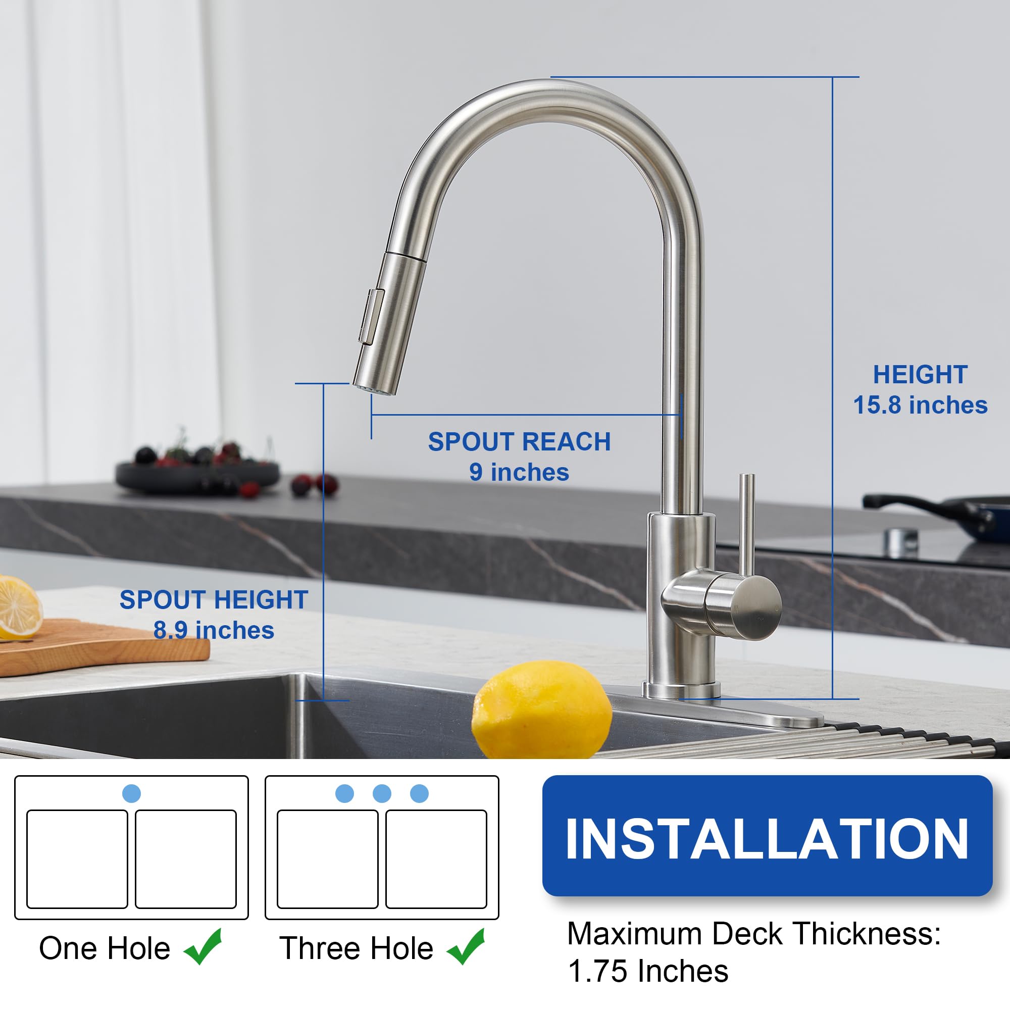 Tohlar Kitchen Sink Faucets With Pull-Down Sprayer, Modern Stainless Steel Single Handle Pull Down Sprayer Faucet With Deck Plate