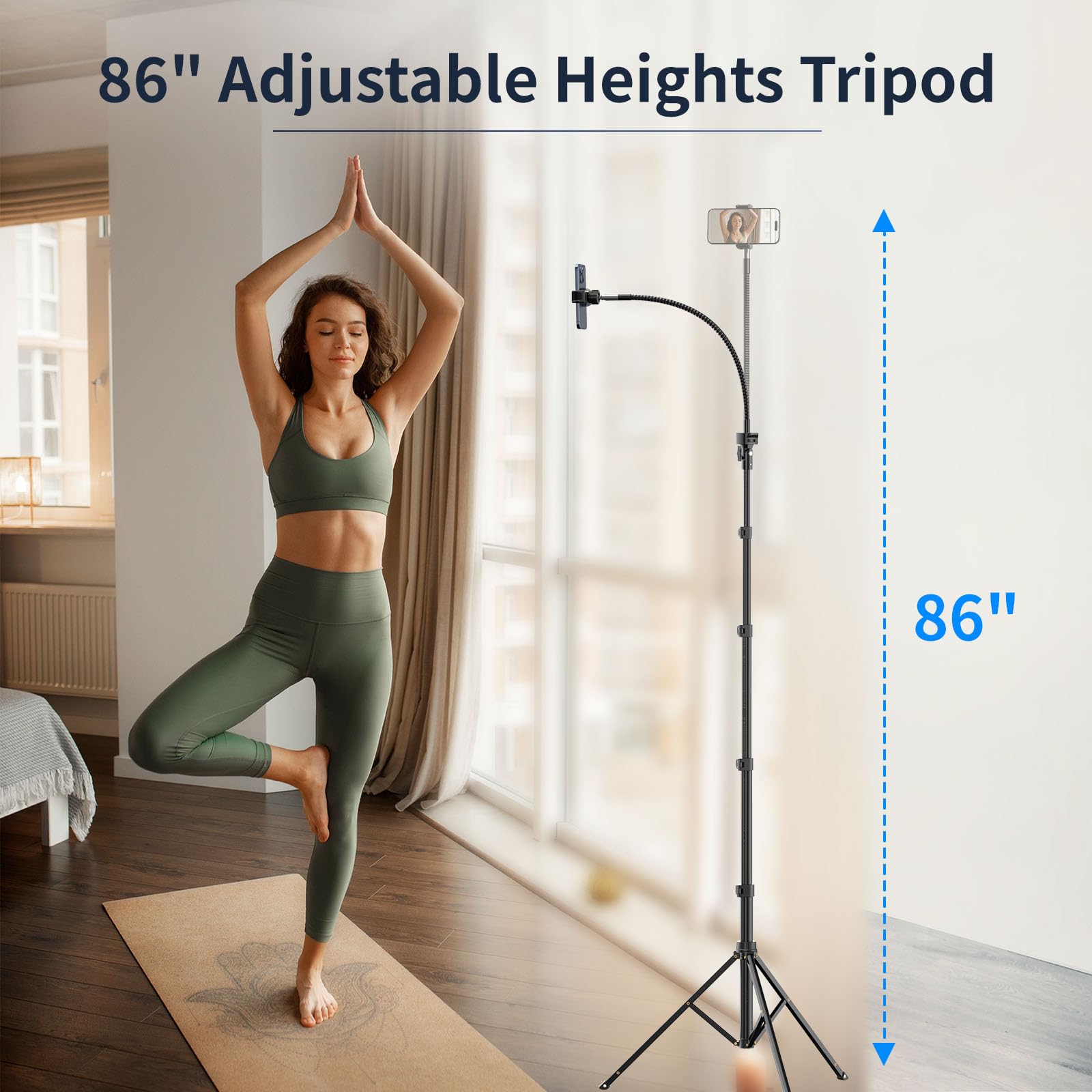 Vimose Tall Phone Tripod, 86" Flexible Phone Stand With 15" Gooseneck And Remote, Overhead Tripod For Iphone, Heavy Duty Stable Stand & Selfie Stick For Recording, Live Streaming, Cooking, Vlogging, Fitness