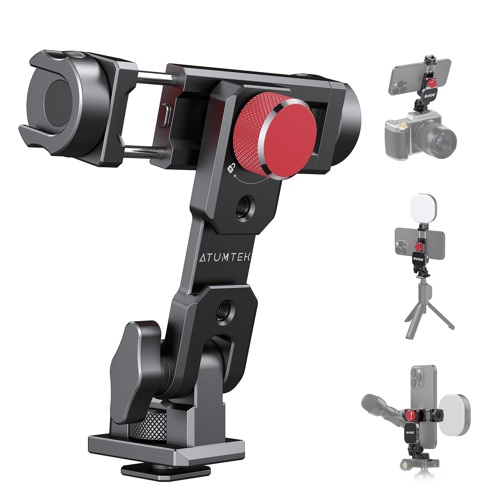 Atumtek Metal Phone Tripod Mount, Universal Aluminum Smartphone Mount Adapter With 3 Cold Shoe, 3 1/4" Screw Mount, Arca Port And 1 Convertible Cold Shoe Adapter, 360° Rotation & 145° Tilt Angle