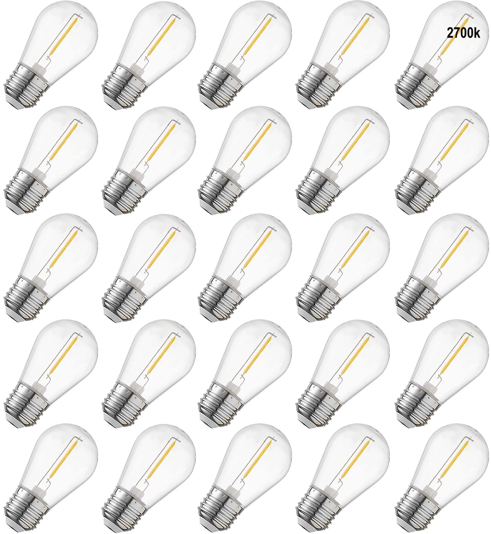 Abulber 25 Pack S14 Led Outdoor String Light Replacement Bulbs,Clear Plastic,Shatterproof,Waterproof.1 Watt To Replace 11 Watts Incandescent Bulb,120V 2700K E26,Warm White