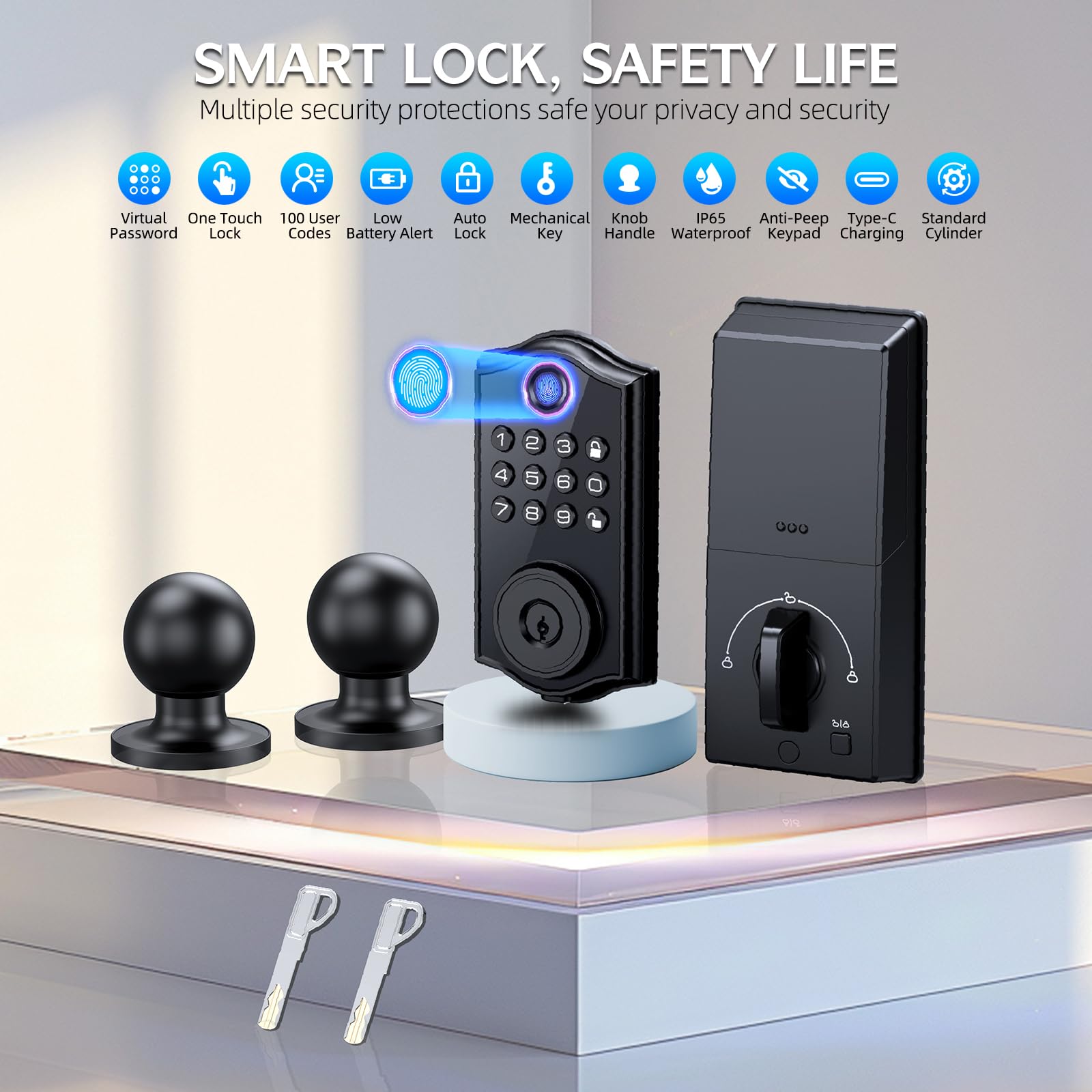 Dhilldsa Smart Locks For Front Door,App Control Keyless Entry Fingerprint Door Lock,Keypad Deadbolt Set With Handle,Easy Installation,Auto-Lock,(Matte Black)