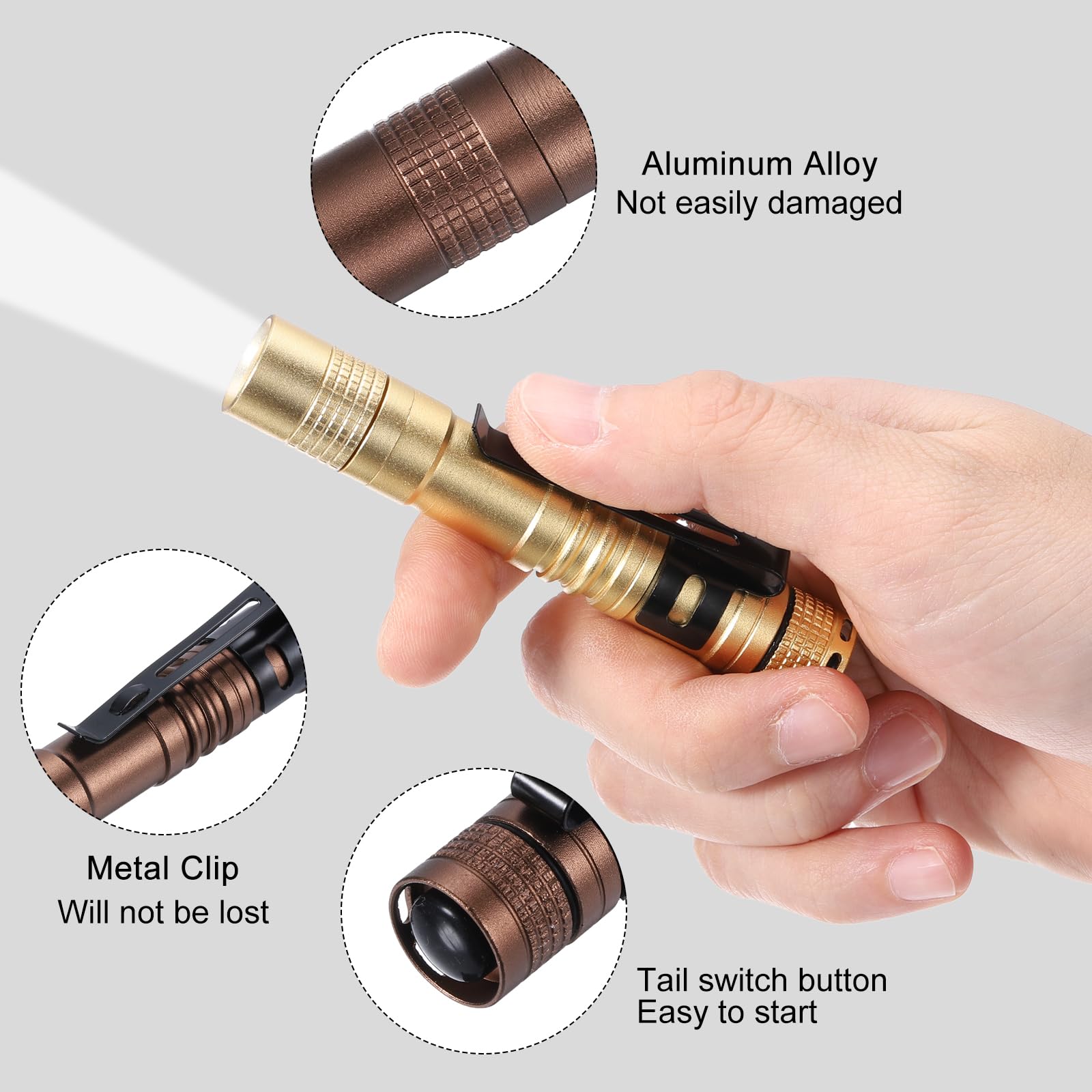Patikil Mini Flashlight With Clip, Super Light Small Led Pen Flashlights Aluminum White Light Torch Battery Powered For Camping Hiking, Brown