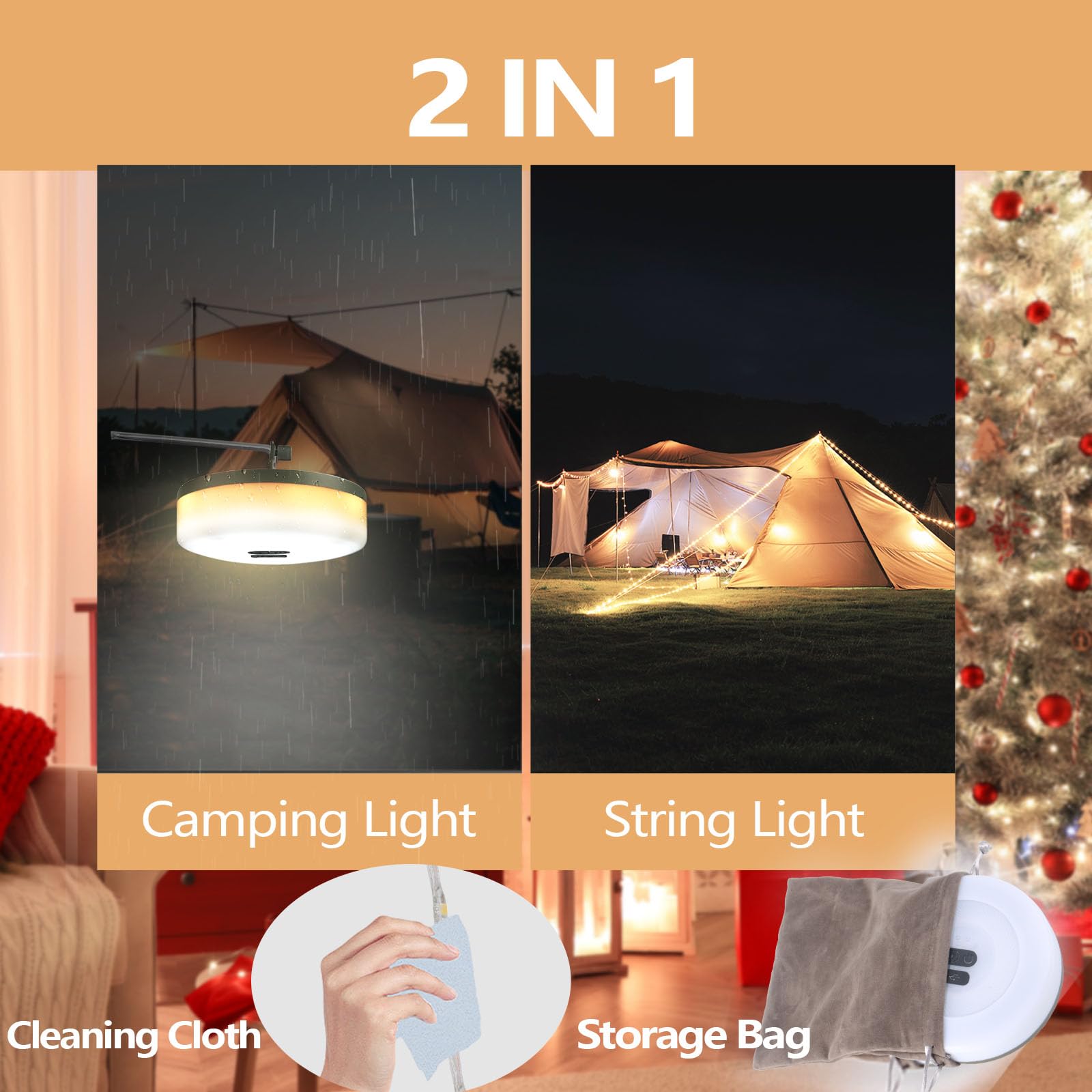 Ehome Camping String Lights, 2 In 1 Tent Lights With 8 Lighting Modes 32.8Ft Rechargeable Waterproof Portable Led Tent Lights For Camping, Camp Light For Camping, Yard, Hiking, Garden Party Decor